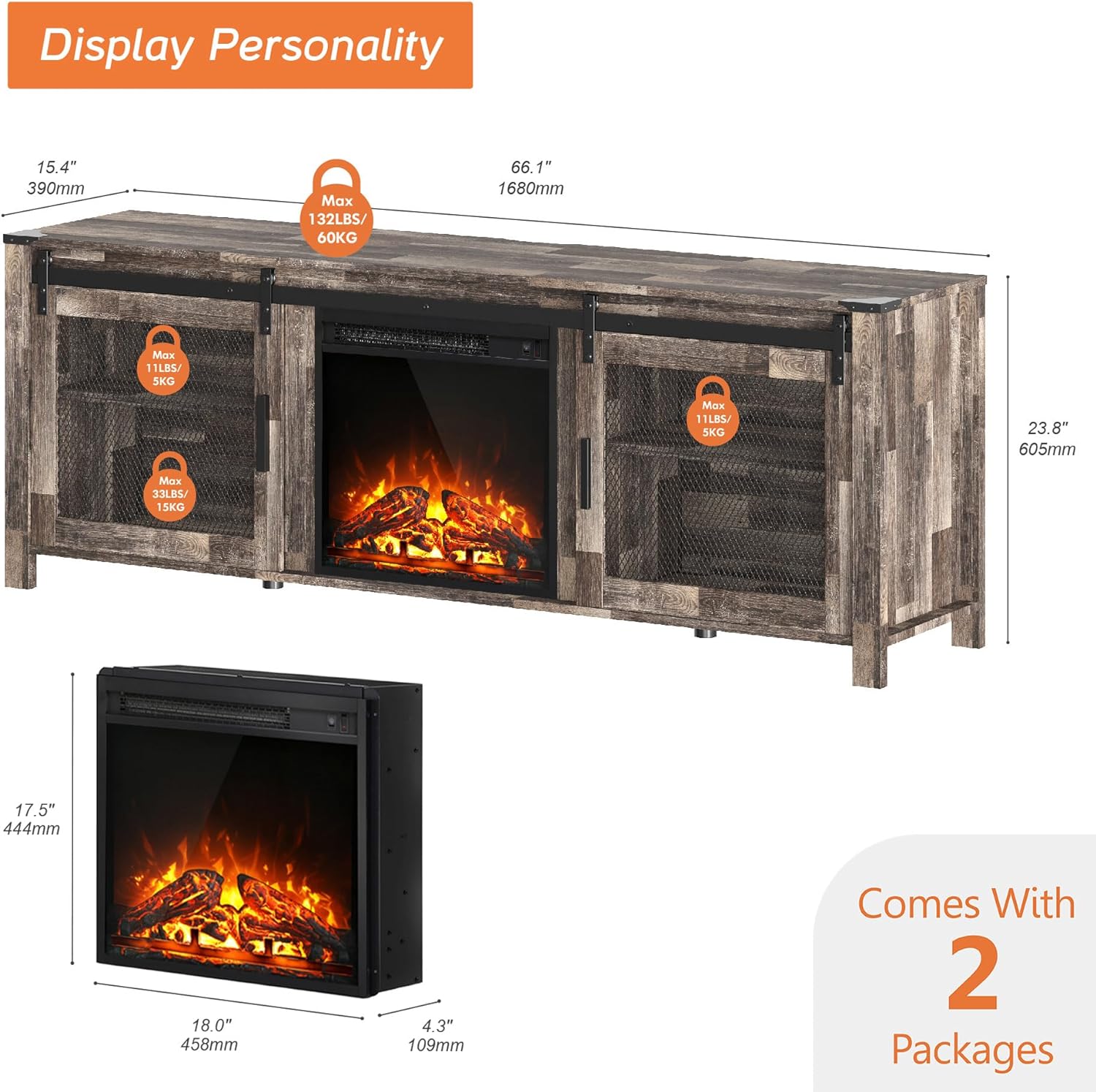 WAMPAT Fireplace TV Stand for 65+ Inch TV, Farmhouse Highboy Entertainment Center with 23" Electric Fireplace