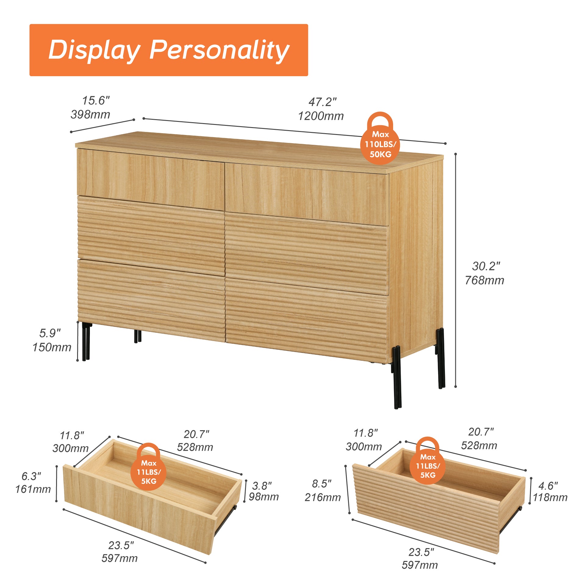 WAMPAT 6-Drawer Dresser for Bedroom, Modern Wood Storage Cabinet with Pop-up Drawers, Oak