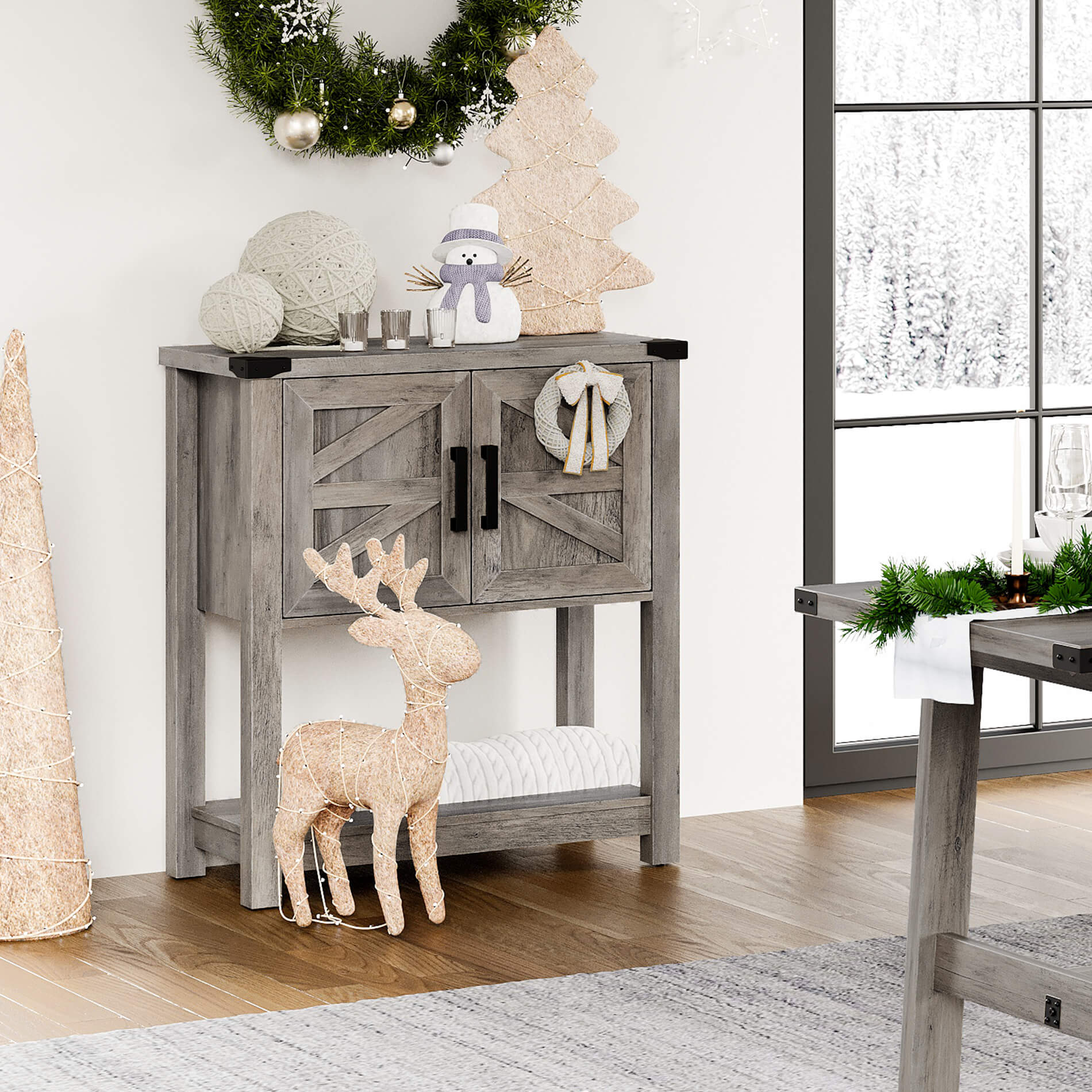 WAMPAT 16" Modern Farmhouse Buffet Cabinet, Wood Sideboard with Cabinet & Open Storage, Wash Grey