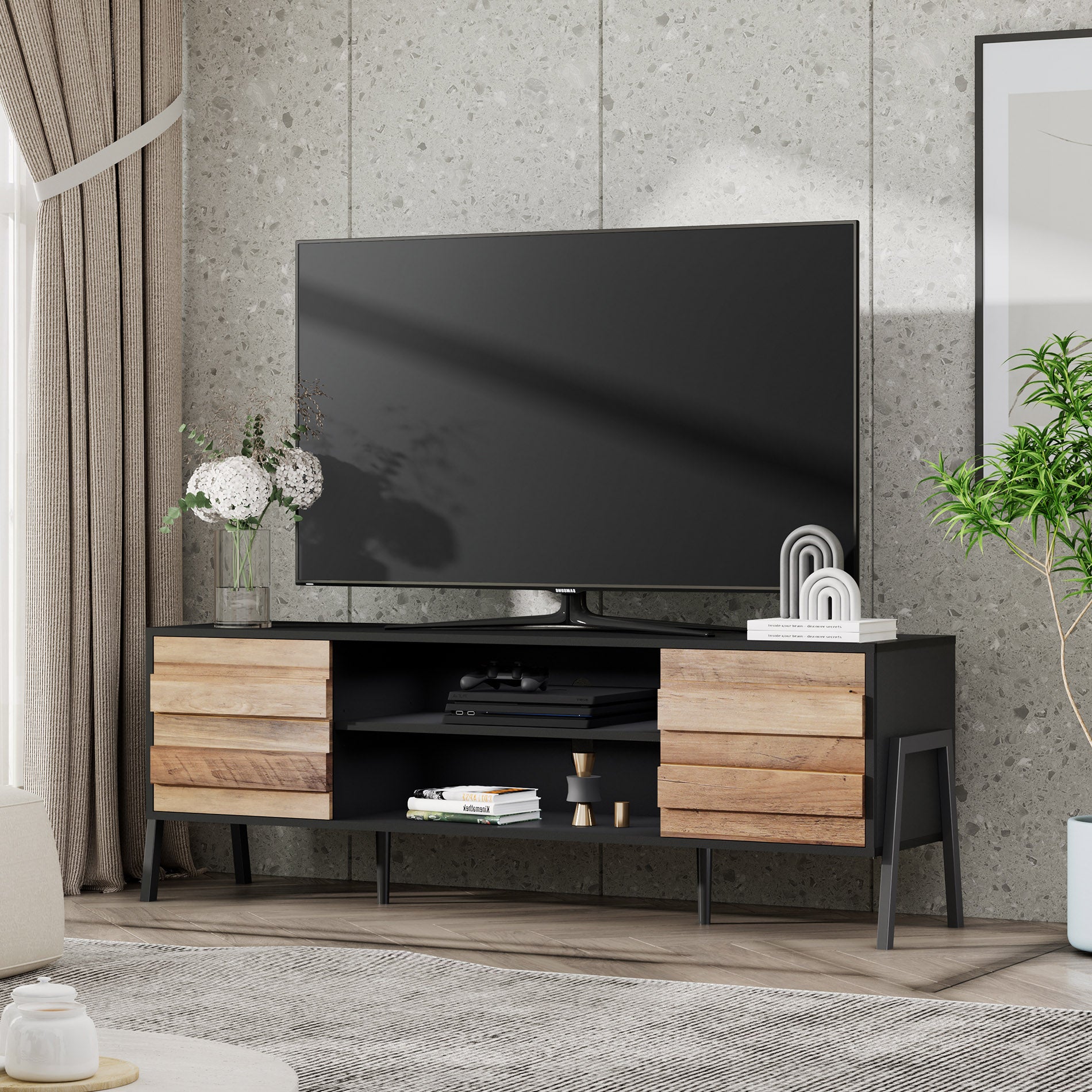 WAMPAT 60" Mid-Century Modern TV Stand for 32-65 Inch TV, Home Entertainment Center TV Cabinet Unit, Black & Oak