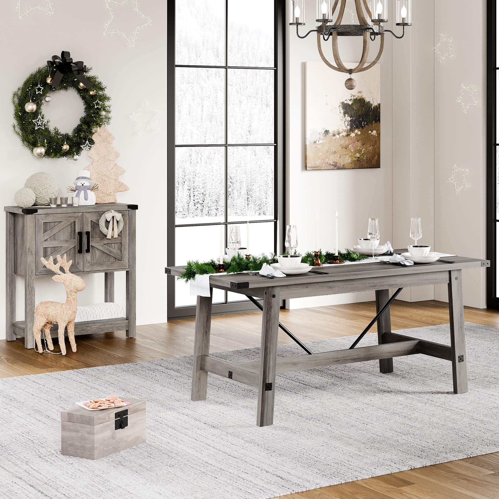 WAMPAT 67.7" 6 Person Modern Wood Dining Room Table, Rustic Grey