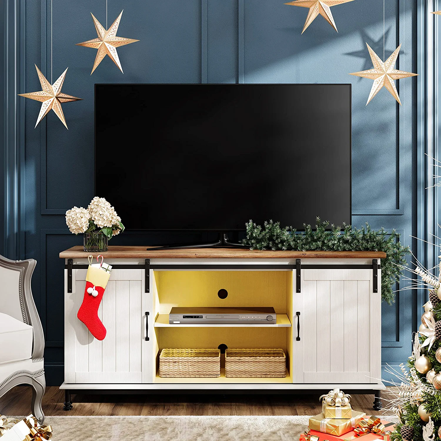WAMPAT TV Stand for 110 Inch TV, White Entertainment Center for 90-110 inch TV Console Table Farmhouse Storage for Living Room