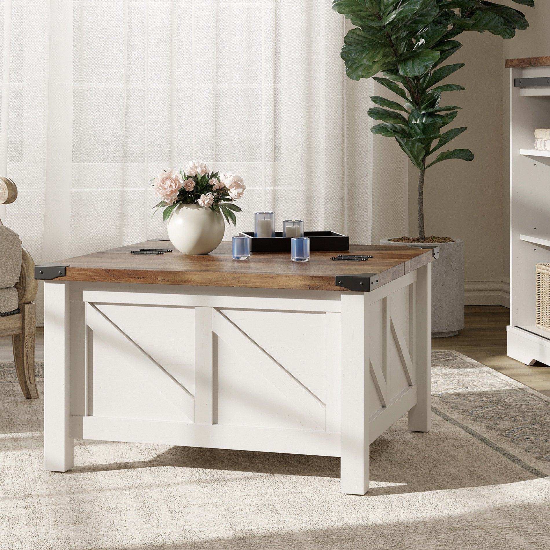 WAMPAT 30" Modern Farmhouse Square Coffee Table with Gas Struts Lift-Top for Extra Large Hidden Storage, White