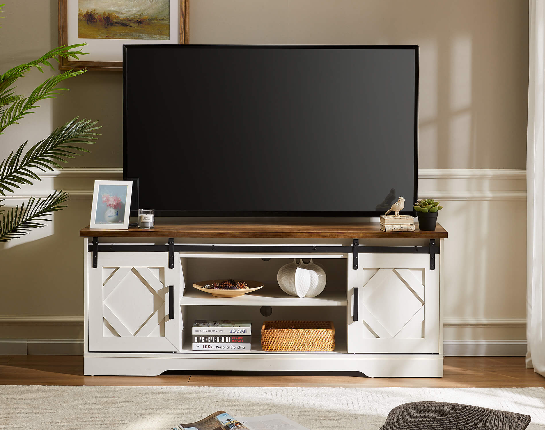 WAMPAT 60" Farmhouse Solid Wood TV Stand for 32-65 Inch TV, Sliding Barn Door Entertainment Center with Blue LED, White