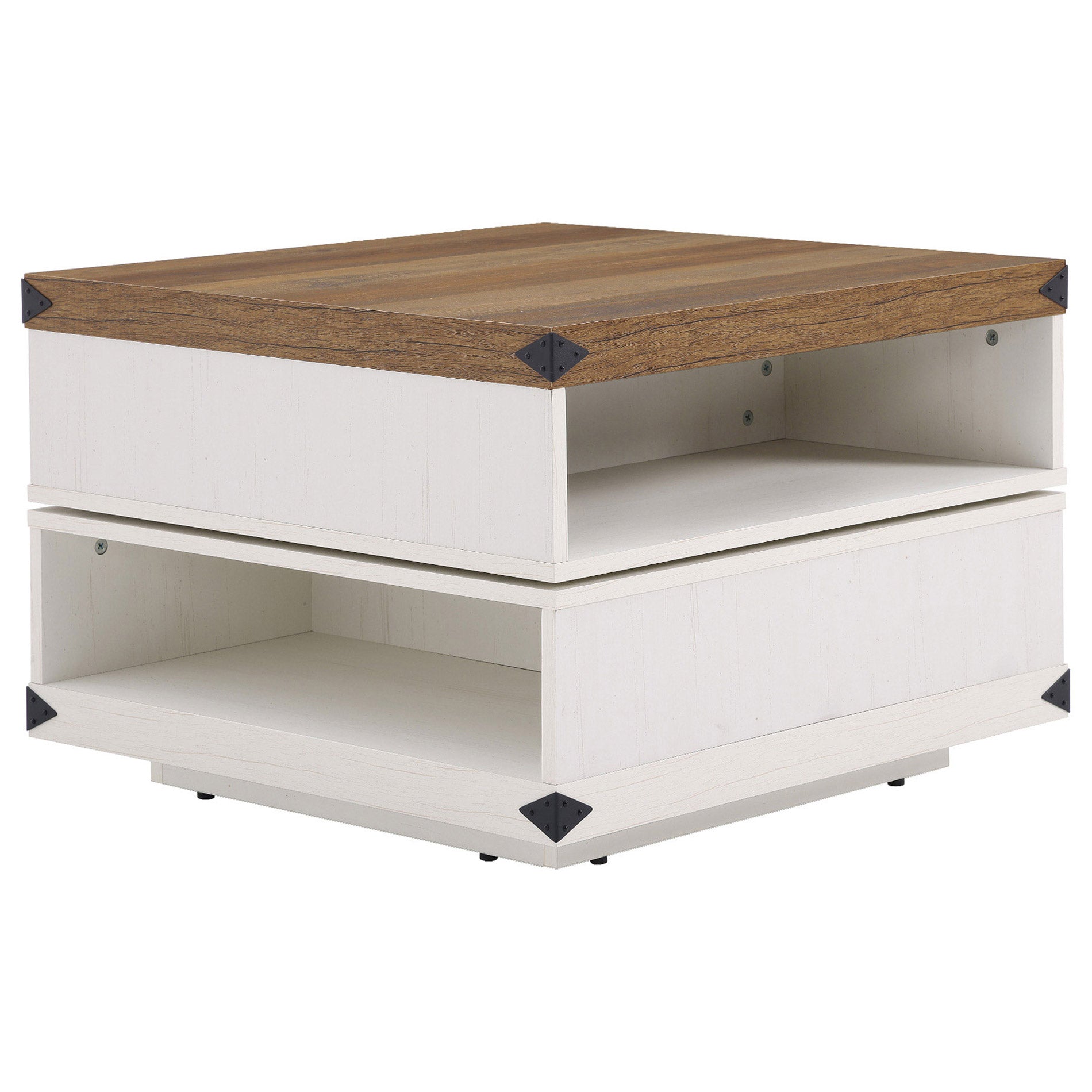 WAMPAT 25" Rotating Coffee Table, 2-Tier Square Wood Accent Tea Center Table with Rotatable Storage for Living Room, White Oak
