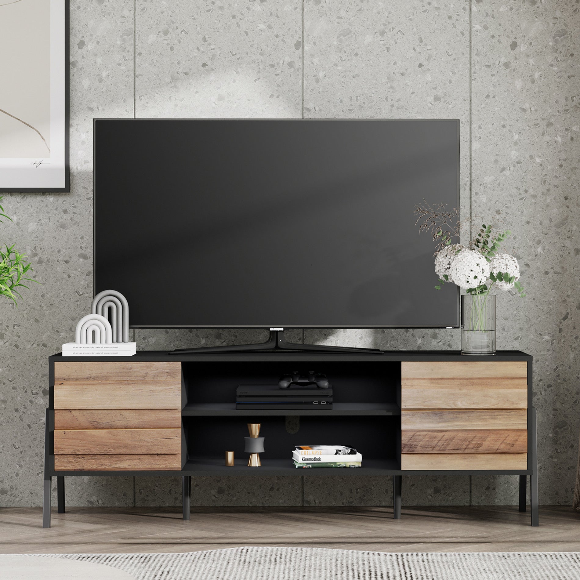 WAMPAT 60" Mid-Century Modern TV Stand for 32-65 Inch TV, Home Entertainment Center TV Cabinet Unit, Black & Oak