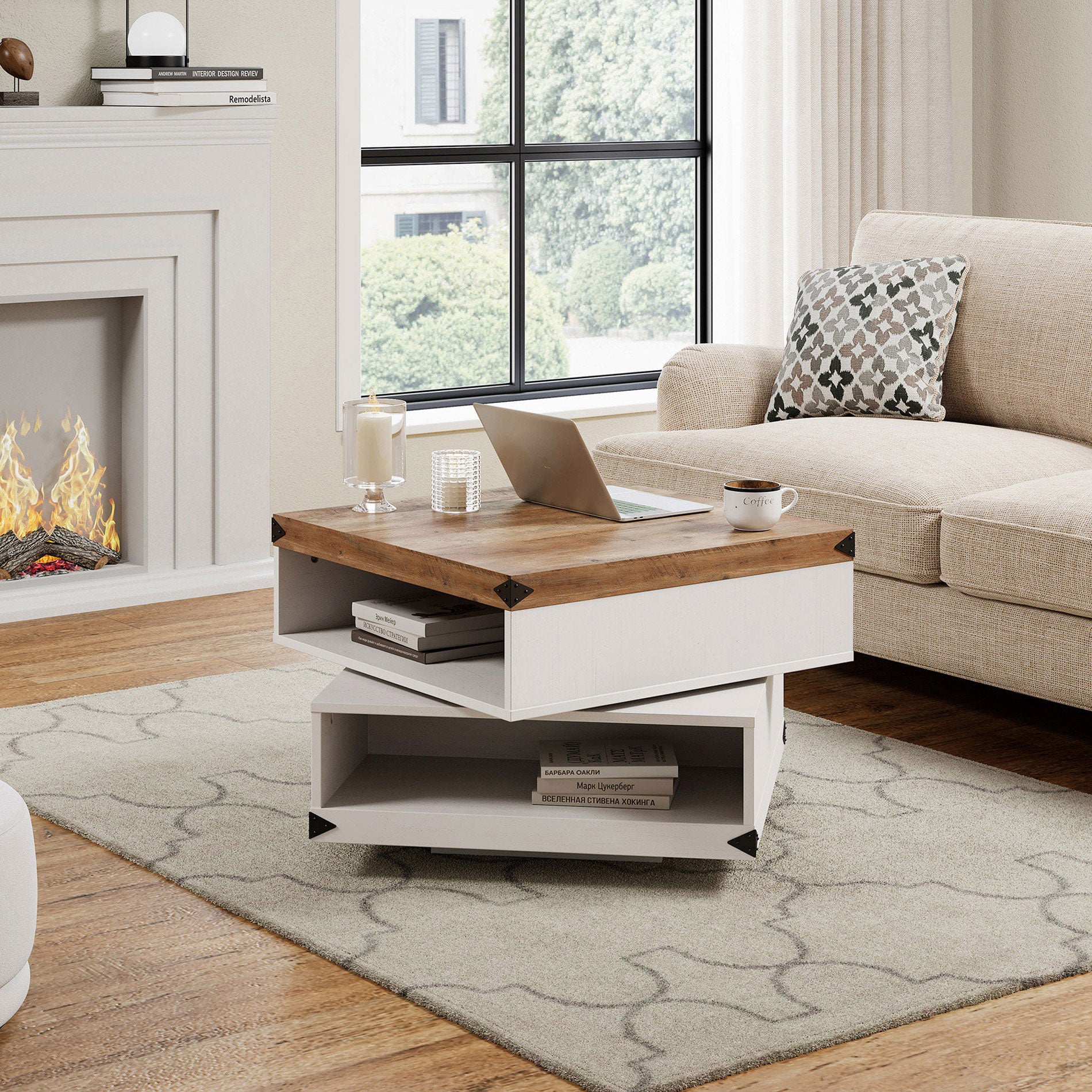 WAMPAT 25" Rotating Coffee Table, 2-Tier Square Wood Accent Tea Center Table with Rotatable Storage for Living Room, White Oak