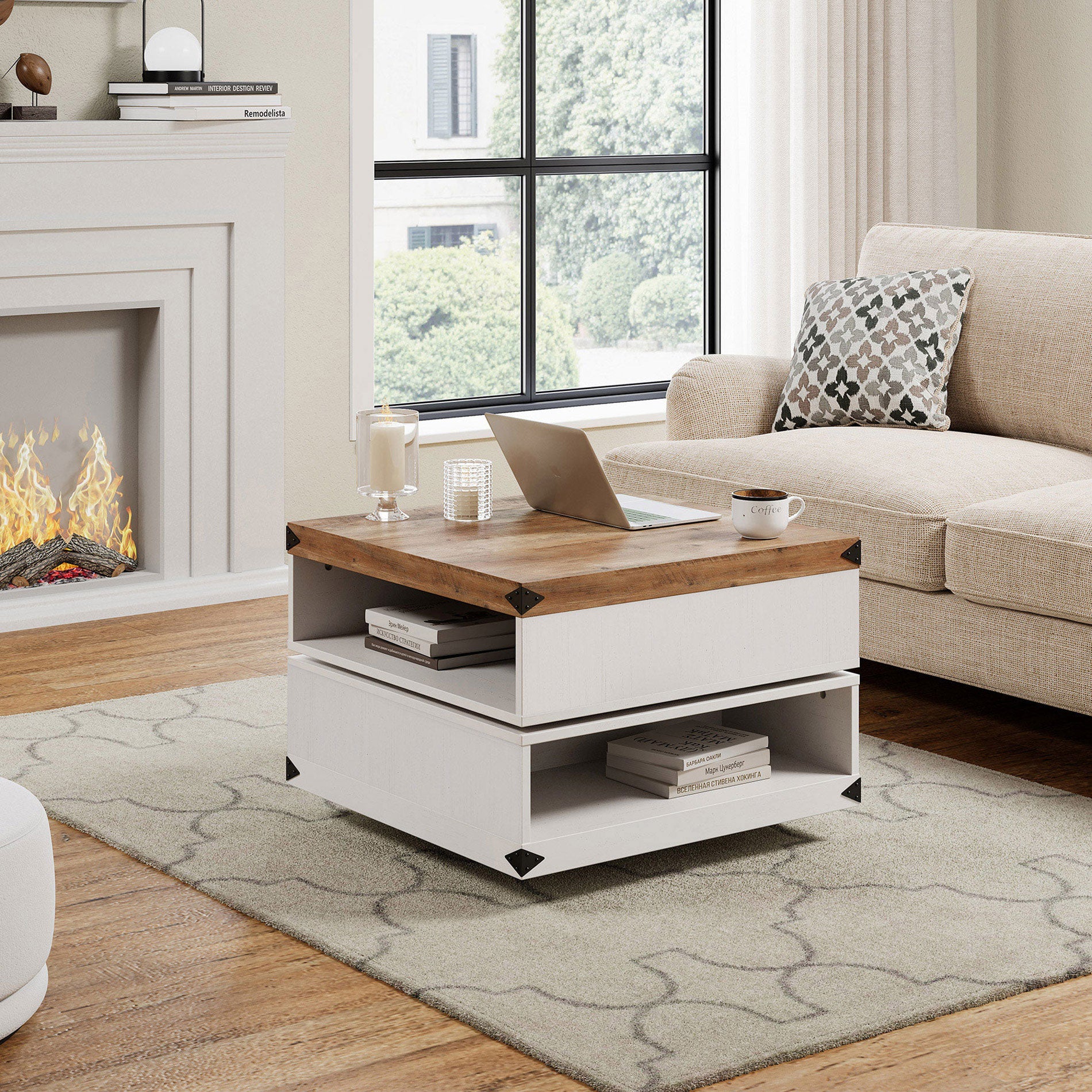 WAMPAT 25" Rotating Coffee Table, 2-Tier Square Wood Accent Tea Center Table with Rotatable Storage for Living Room, White Oak