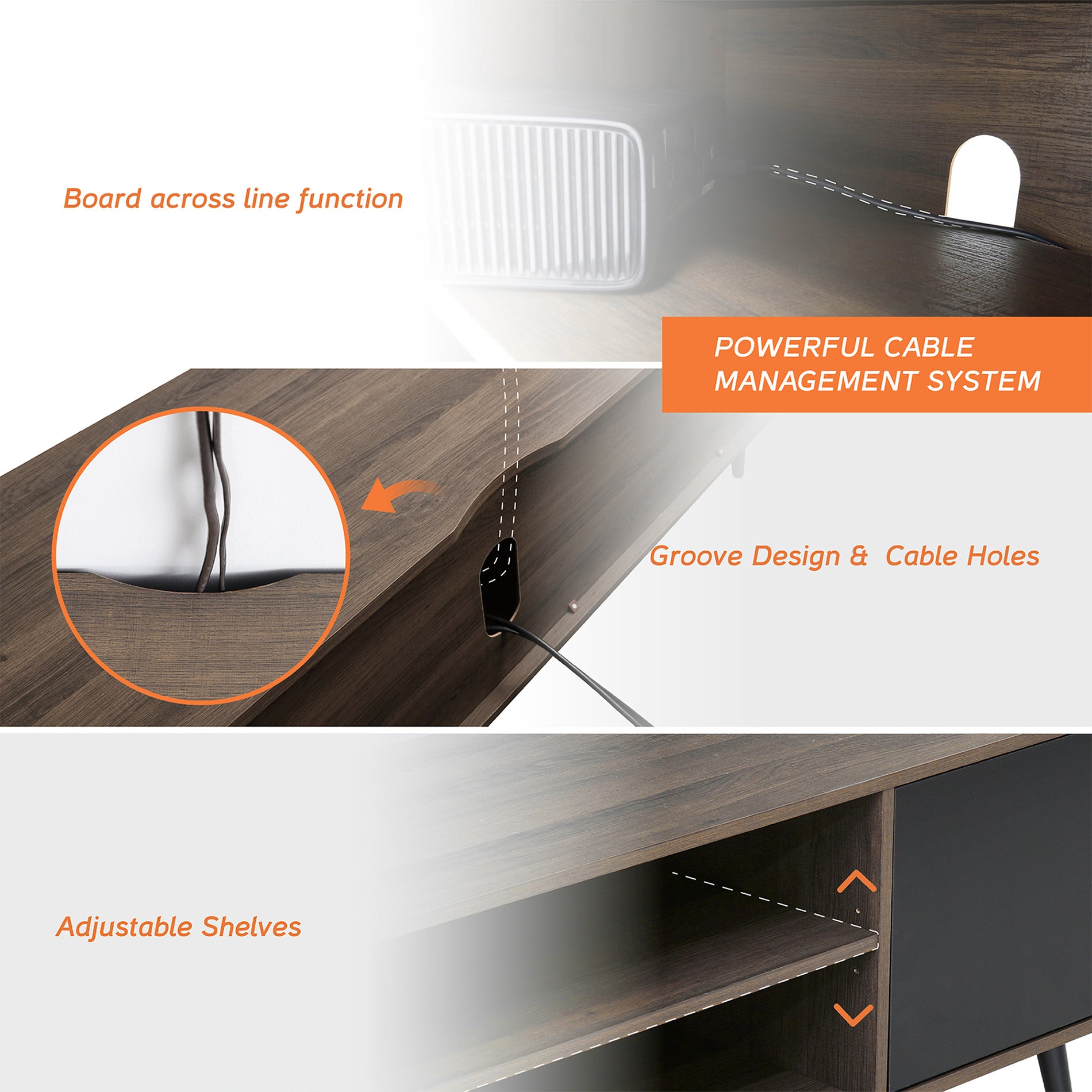 WAMPAT 60" Mid-Century Modern TV Stand for 32-65 Inch TV, Wood TV Console Media Cabinet with Blue LED, Black