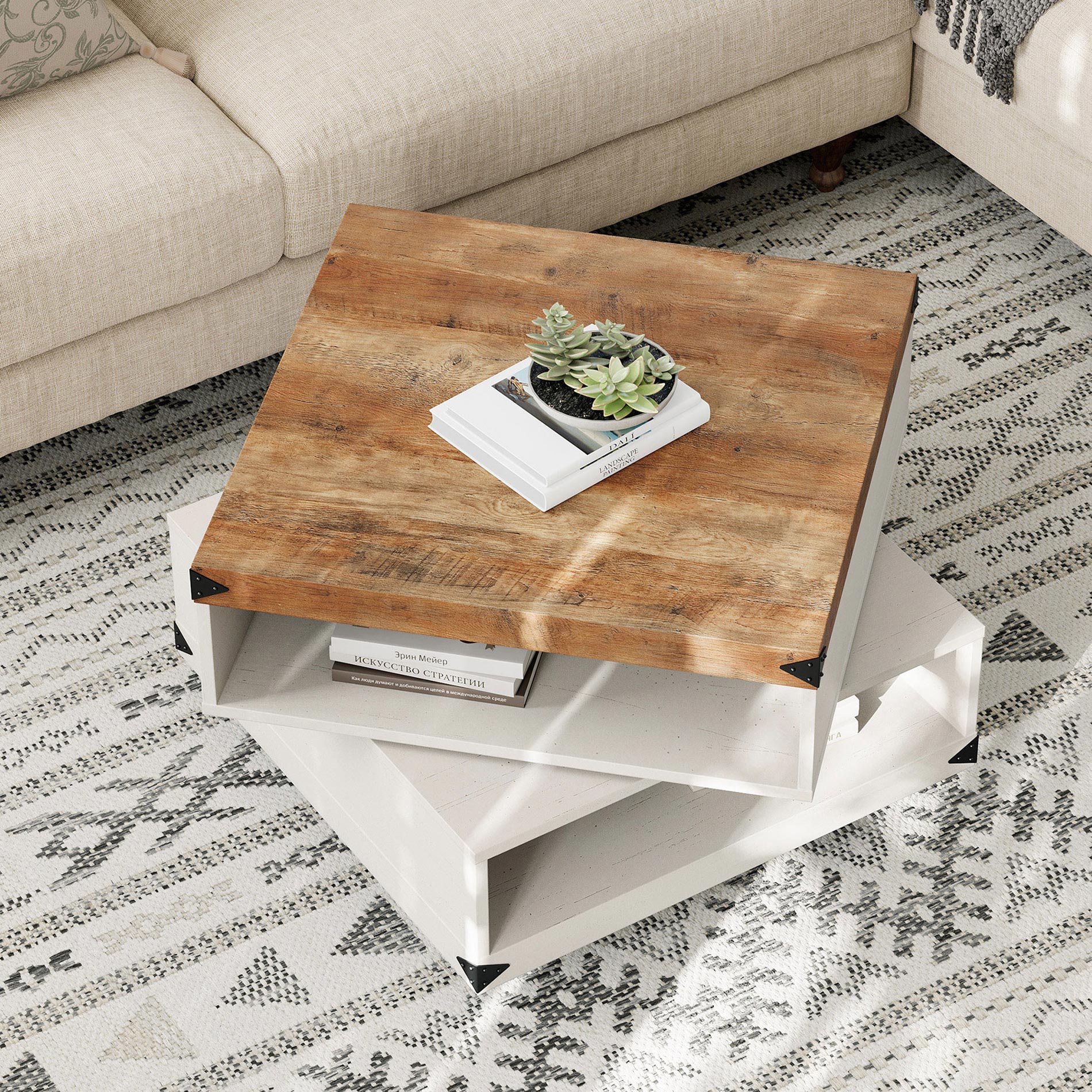 WAMPAT 25" Rotating Coffee Table, 2-Tier Square Wood Accent Tea Center Table with Rotatable Storage for Living Room, White Oak