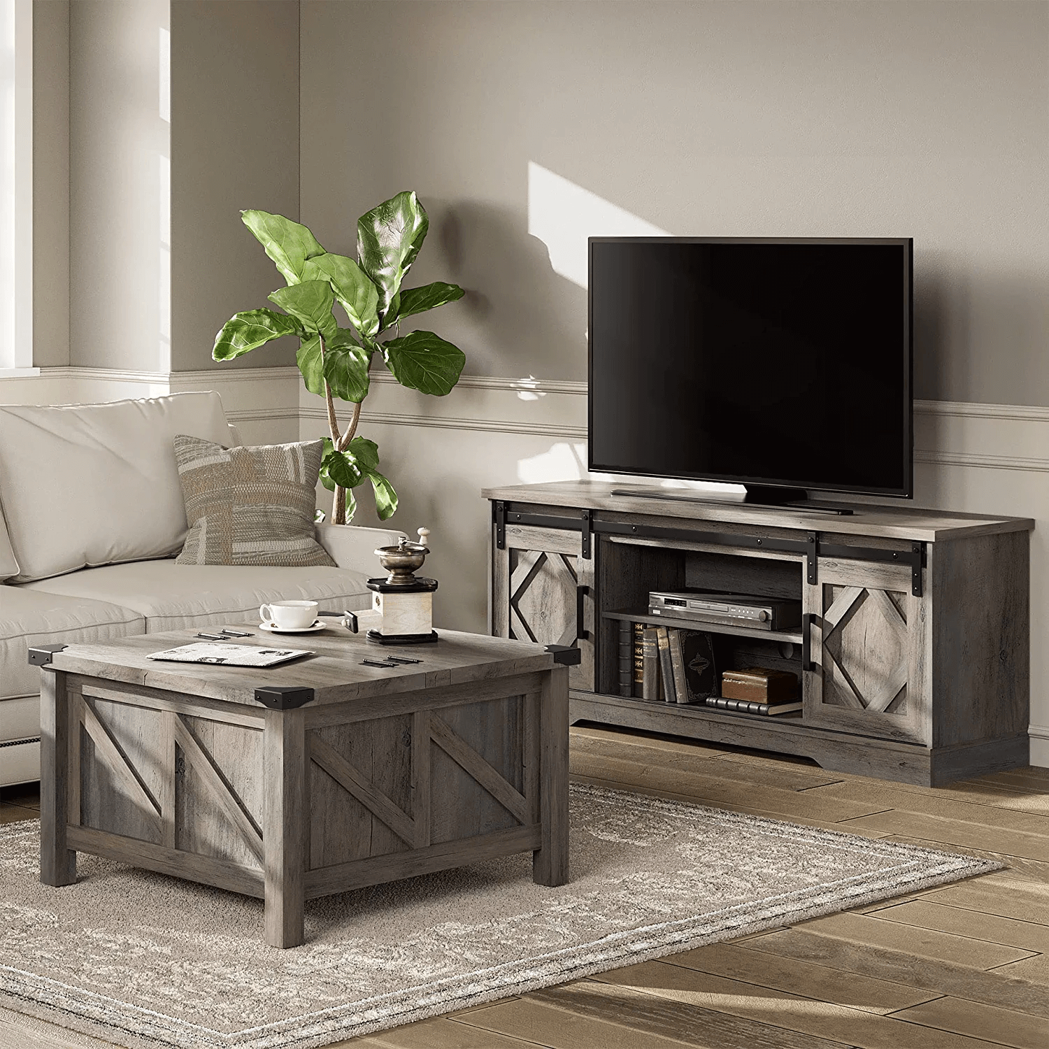 WAMPAT 30"x 30" Square Coffee Table, Rustic Grey Farmhouse Center Table with Lift Top & Storage for Living Room