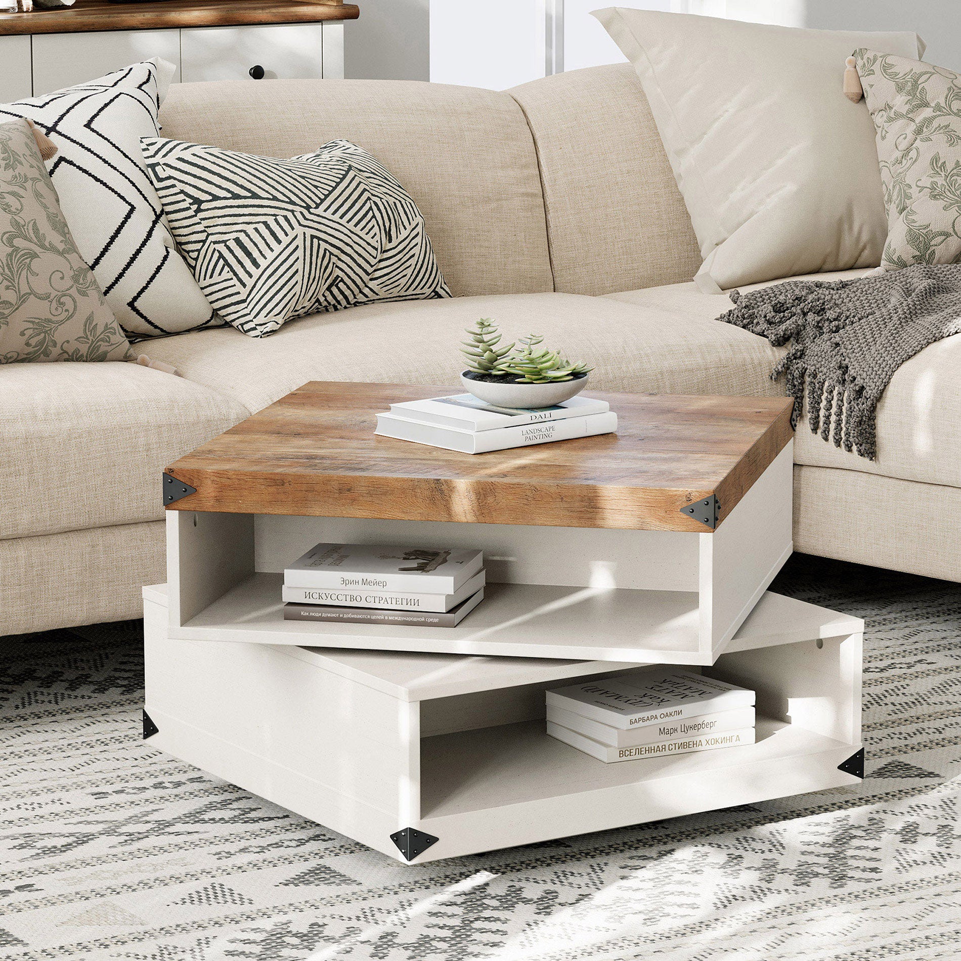 WAMPAT 25" Rotating Coffee Table, 2-Tier Square Wood Accent Tea Center Table with Rotatable Storage for Living Room, White Oak