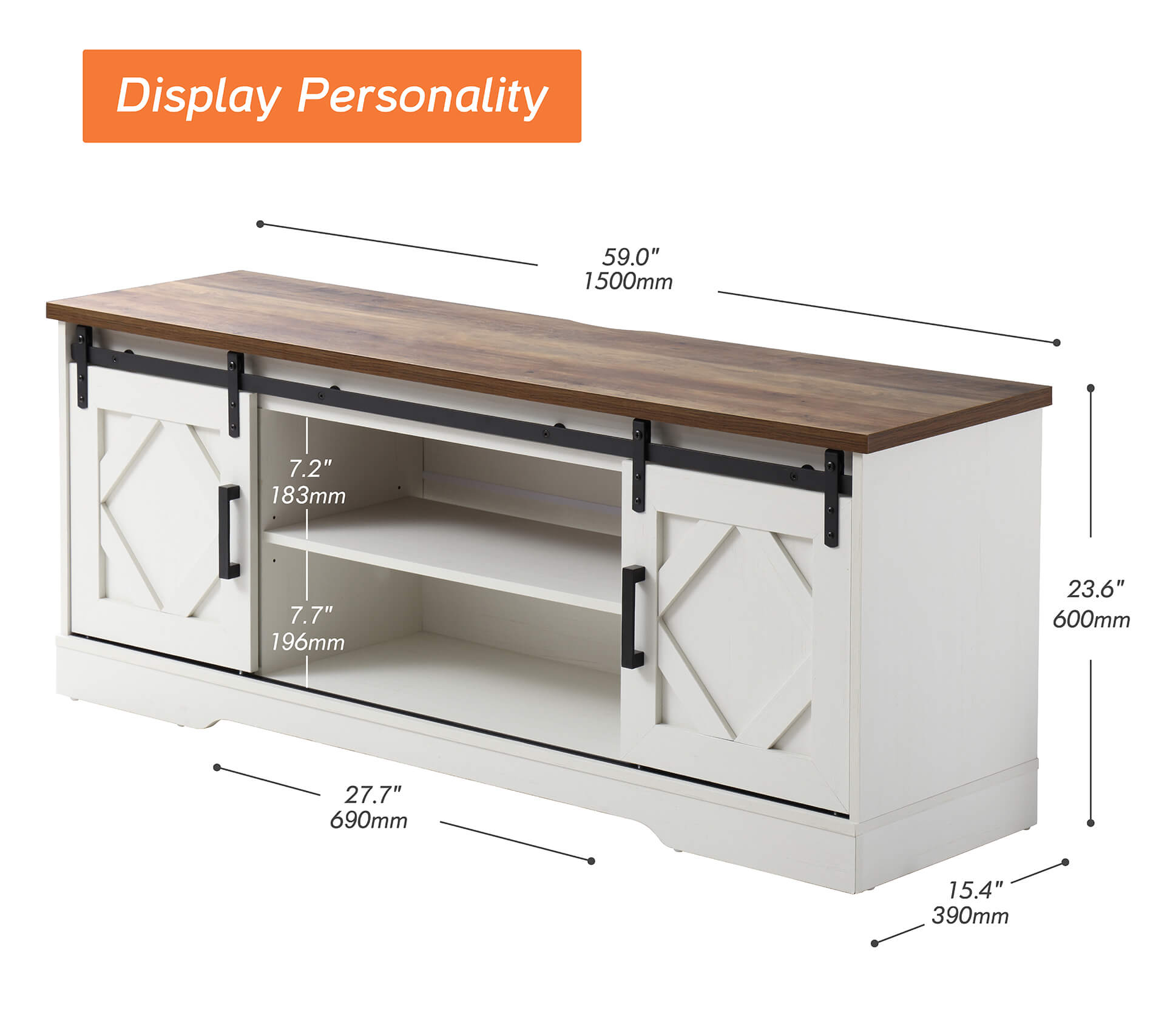 WAMPAT 60" Farmhouse Solid Wood TV Stand for 32-65 Inch TV, Sliding Barn Door Entertainment Center with Yellow LED, White
