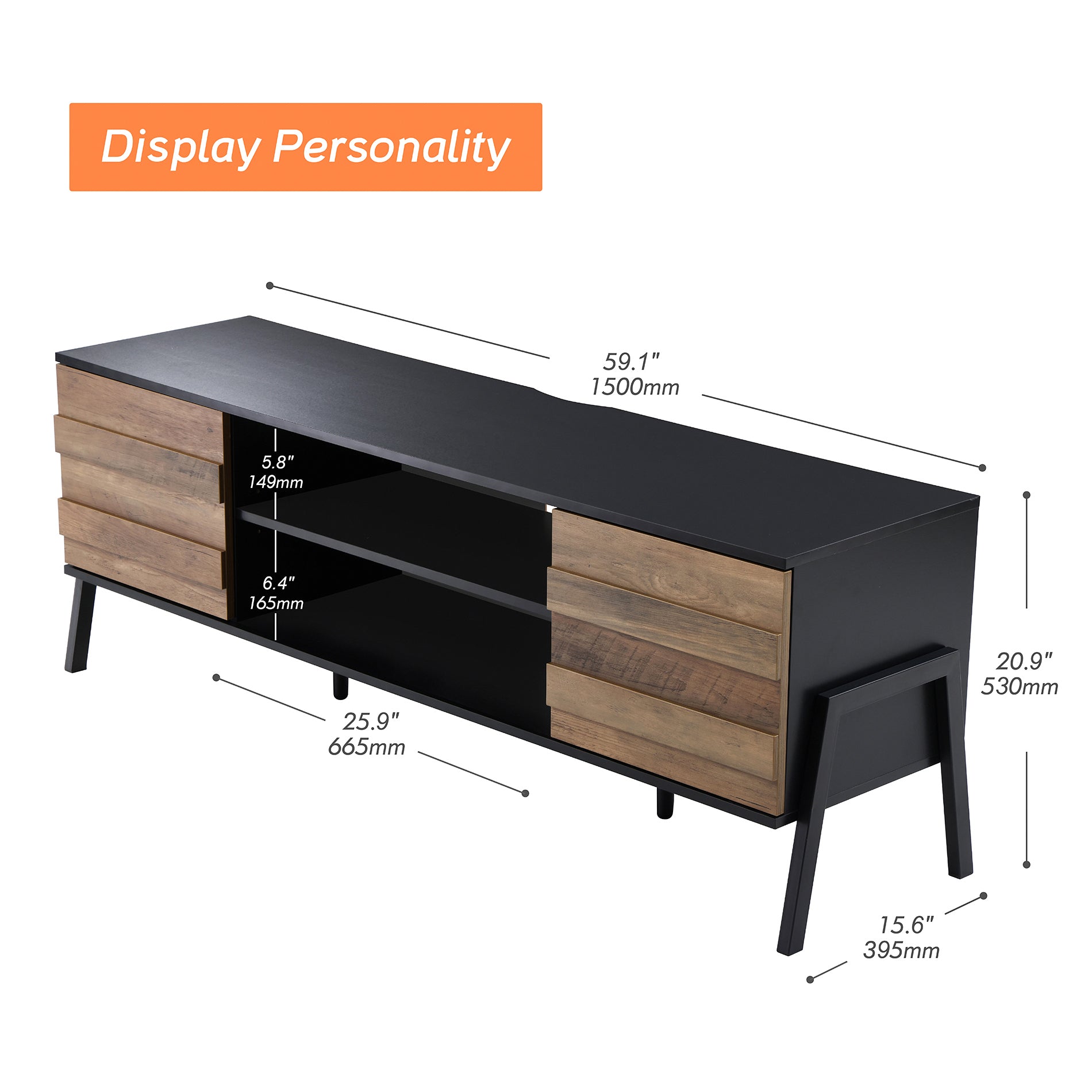 WAMPAT 60" Mid-Century Modern TV Stand for 32-65 Inch TV, Home Entertainment Center TV Cabinet Unit, Black & Oak