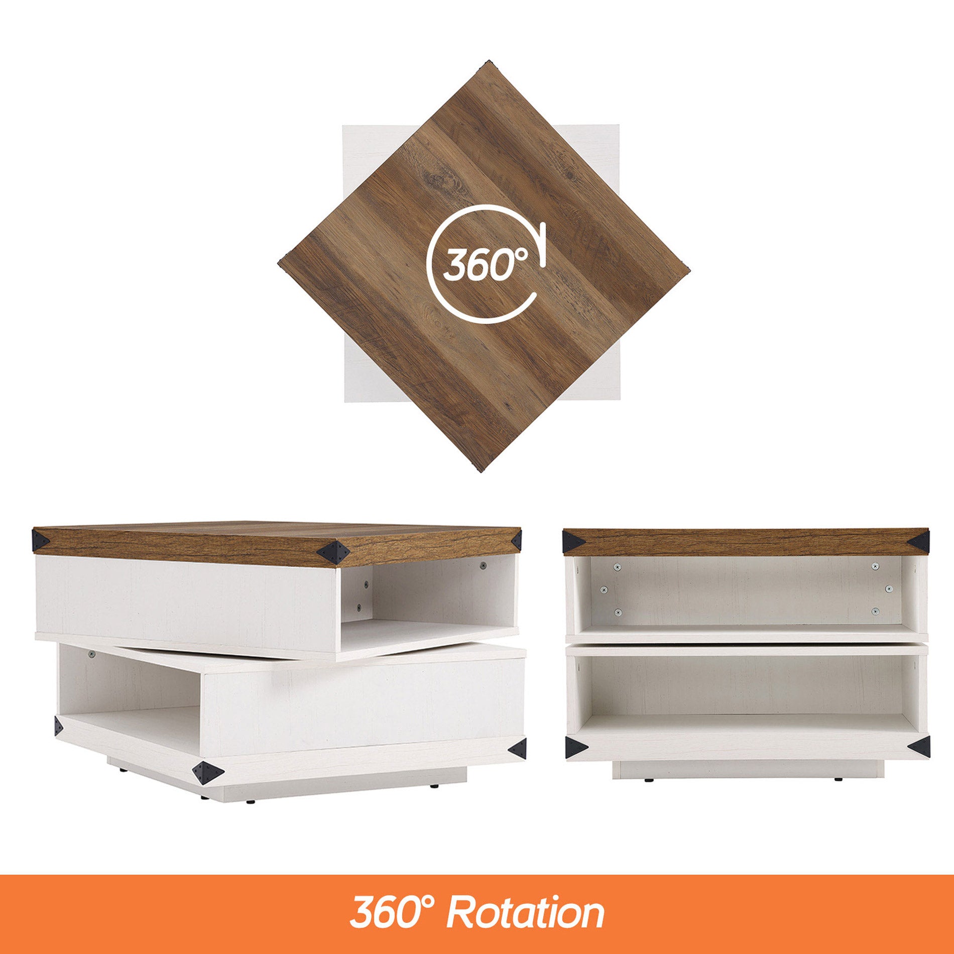 WAMPAT 25" Rotating Coffee Table, 2-Tier Square Wood Accent Tea Center Table with Rotatable Storage for Living Room, White Oak
