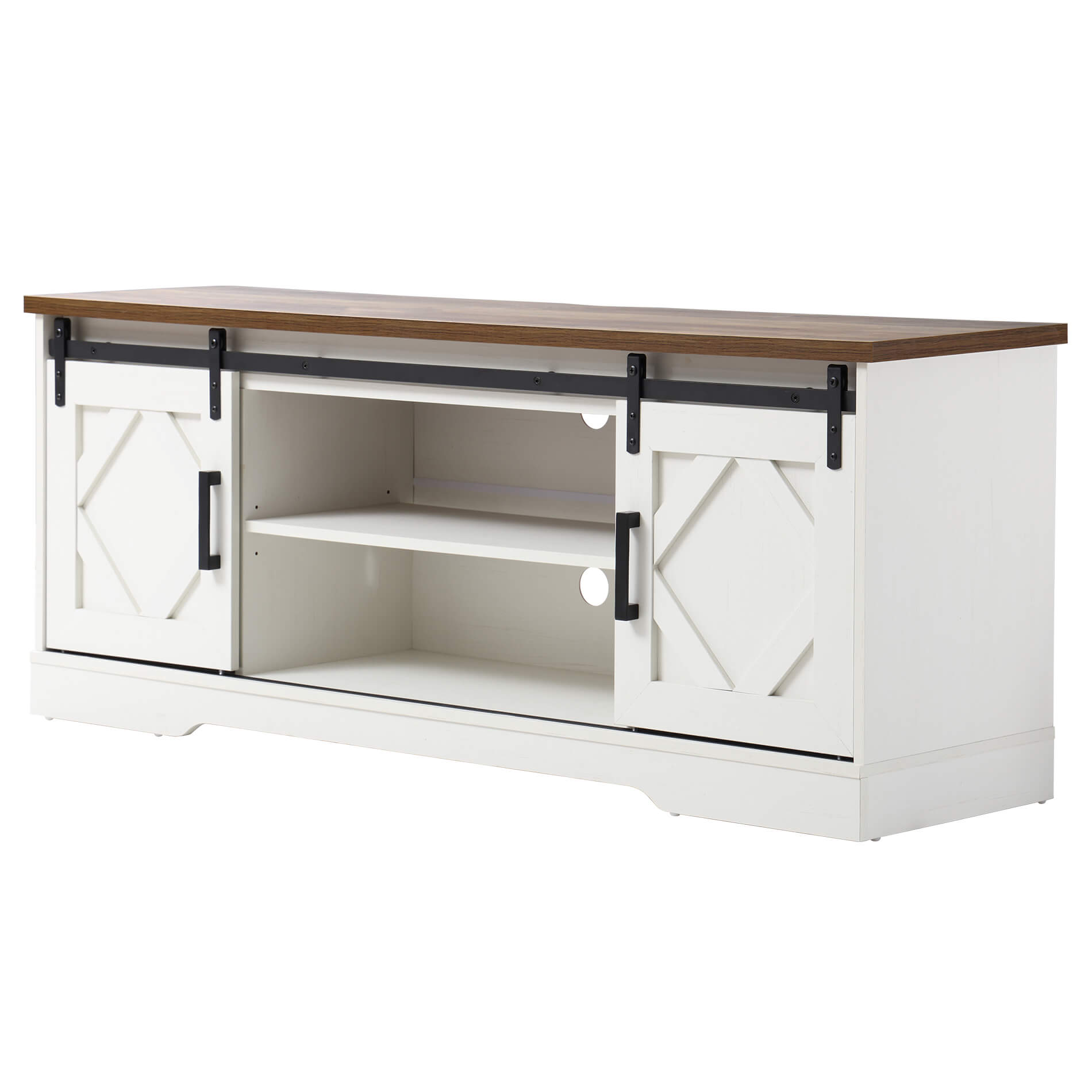 WAMPAT 60" Farmhouse Solid Wood TV Stand for 32-65 Inch TV, Sliding Barn Door Entertainment Center with Blue LED, White