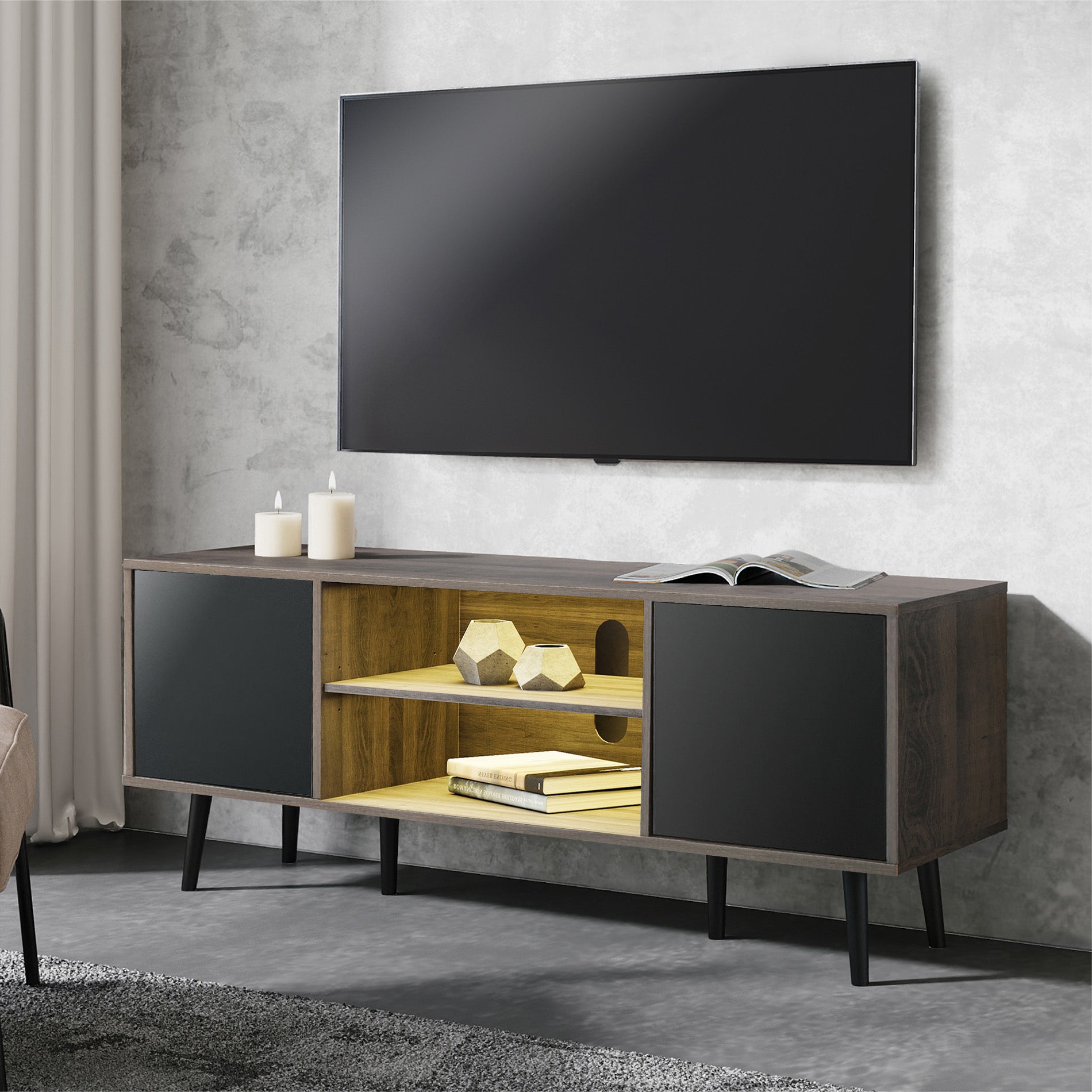 WAMPAT 60" Mid-Century Modern TV Stand for 32-65 Inch TV, Wood TV Console Media Cabinet with Yellow LED, Black