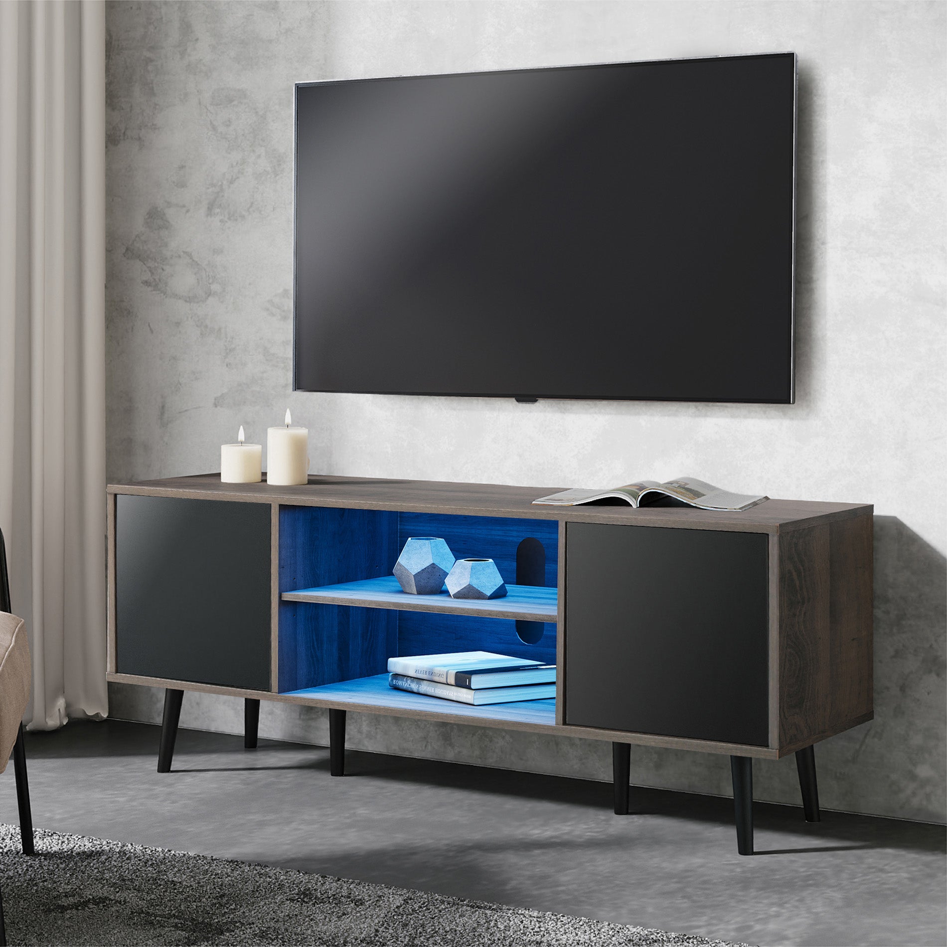 WAMPAT 60" Mid-Century Modern TV Stand for 32-65 Inch TV, Wood TV Console Media Cabinet with Blue LED, Black