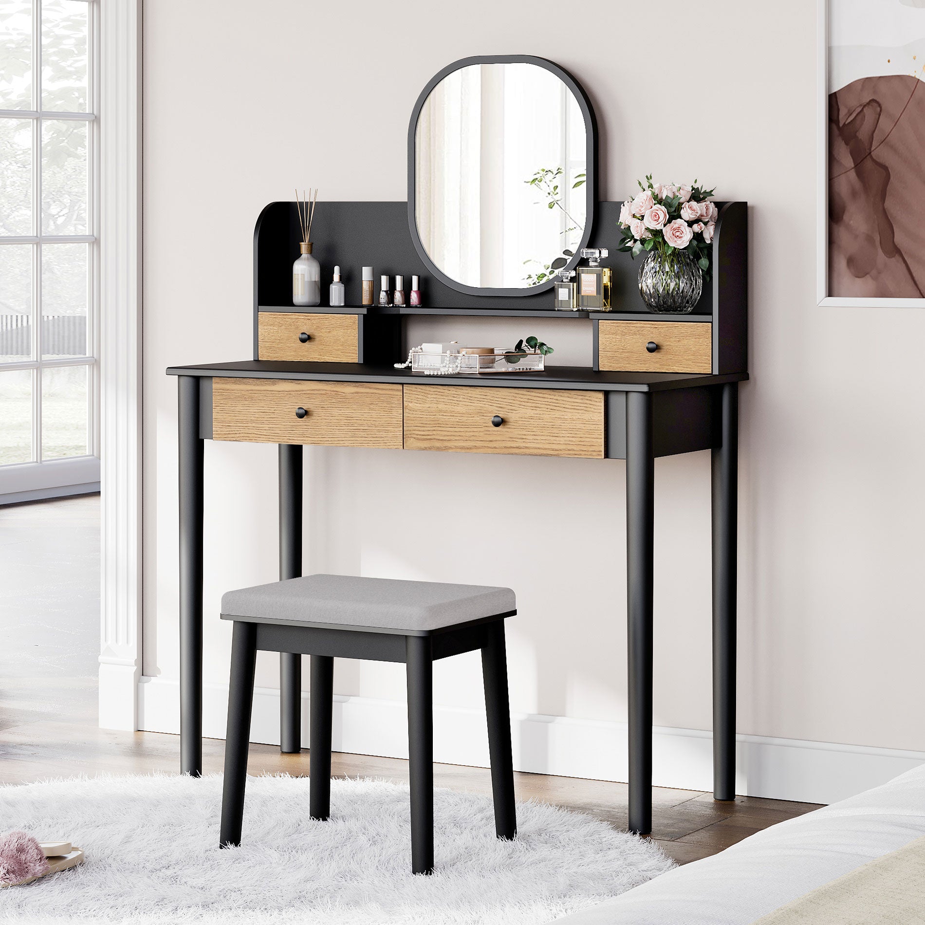 39" Makeup Vanity Table with Cushioned Stool Set Desktop Slot for Women Girls