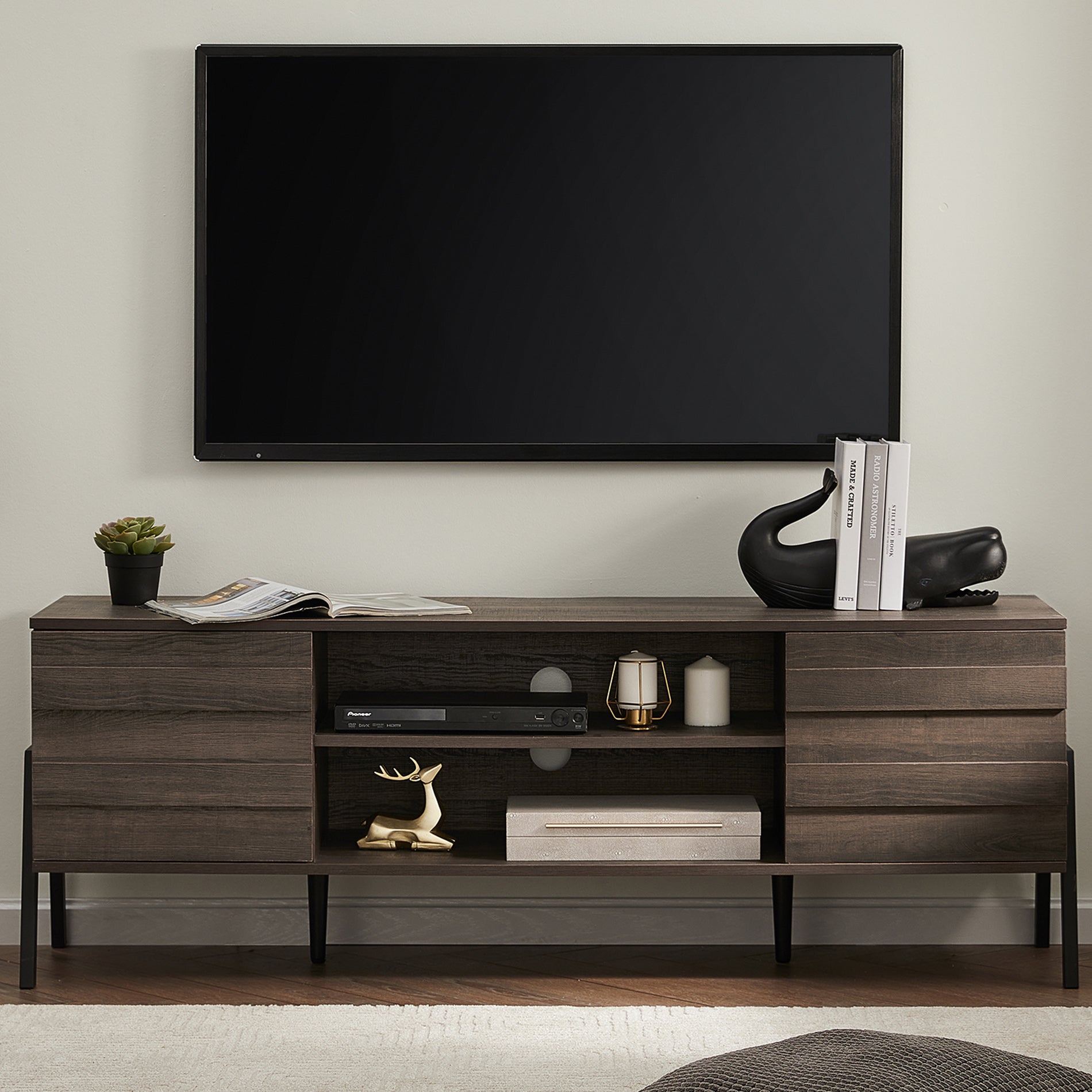 WAMPAT 70" Mid-Century Wooden TV Stand for 32-75 inch TV, Solid Wood TV Console Cabinet for Living Room, Brown