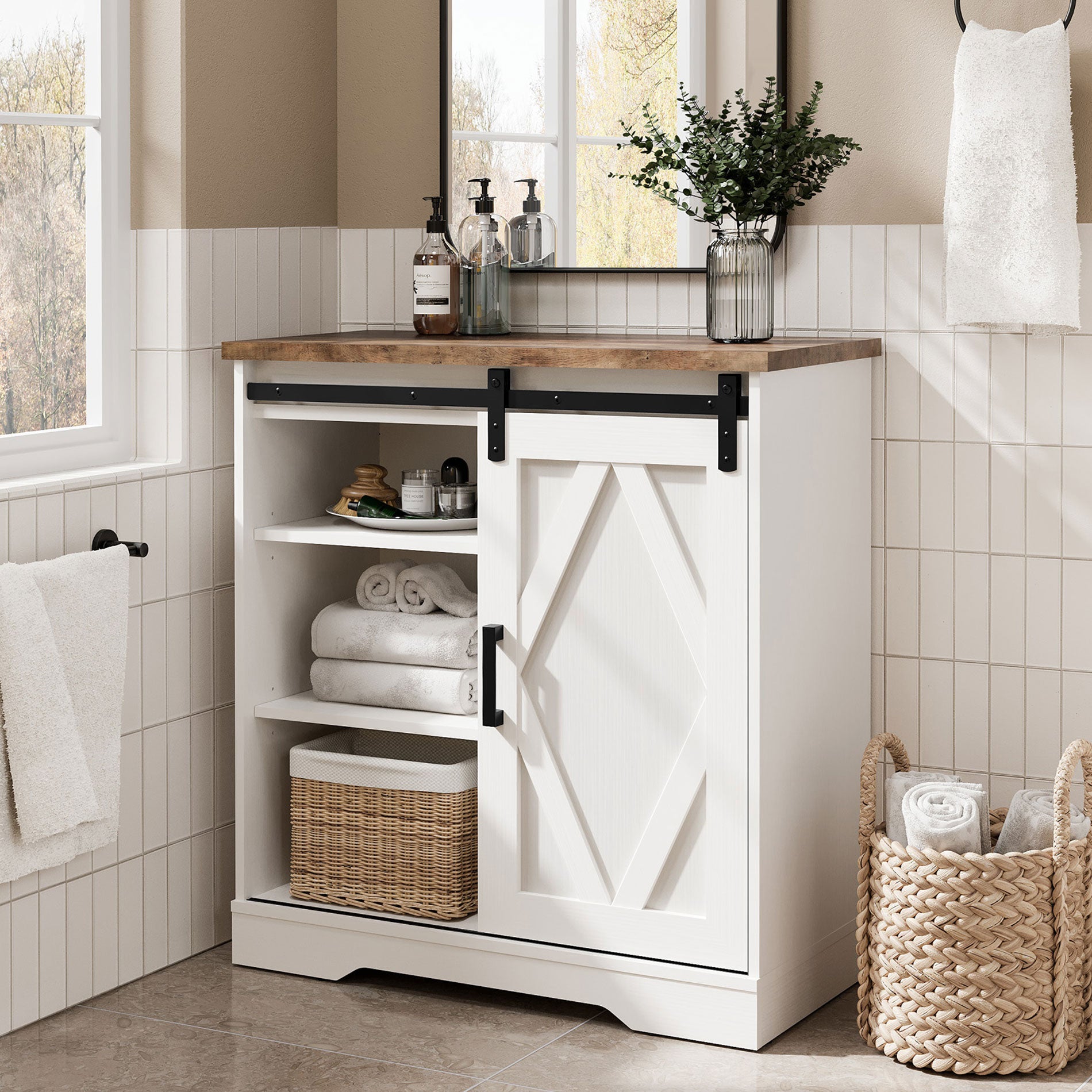 WAMPAT 35" Rustic Farmhouse Accent Buffet Sideboard Coffee Bar Cabinet with Sliding Barn Door, Storage Shelves for Home Kitchen Bathroom, White