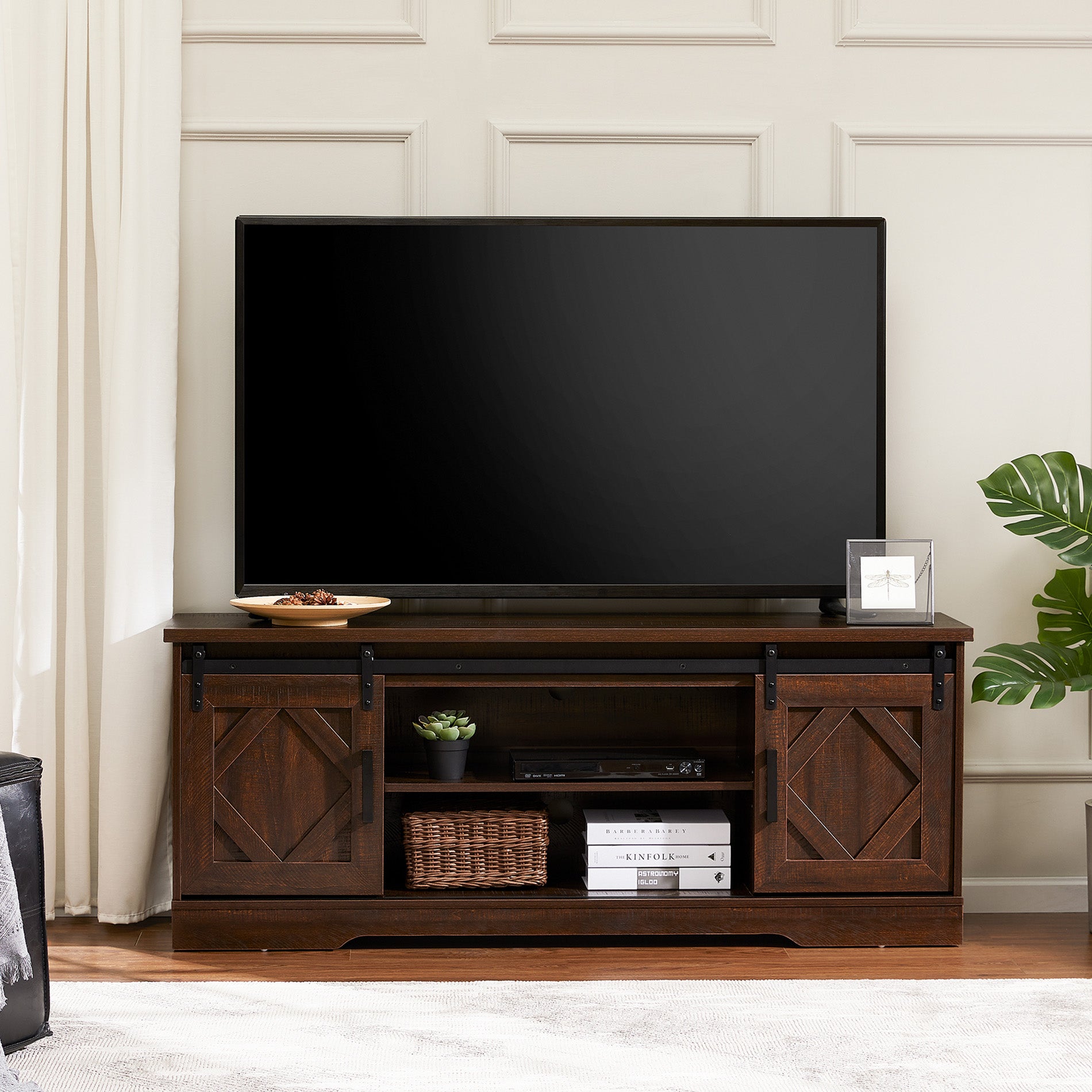 WAMPAT 60" Farmhouse Wooden TV Stand for 32-65 Inch TV, Sliding Barn Door Entertainment Center, Rustic Brown
