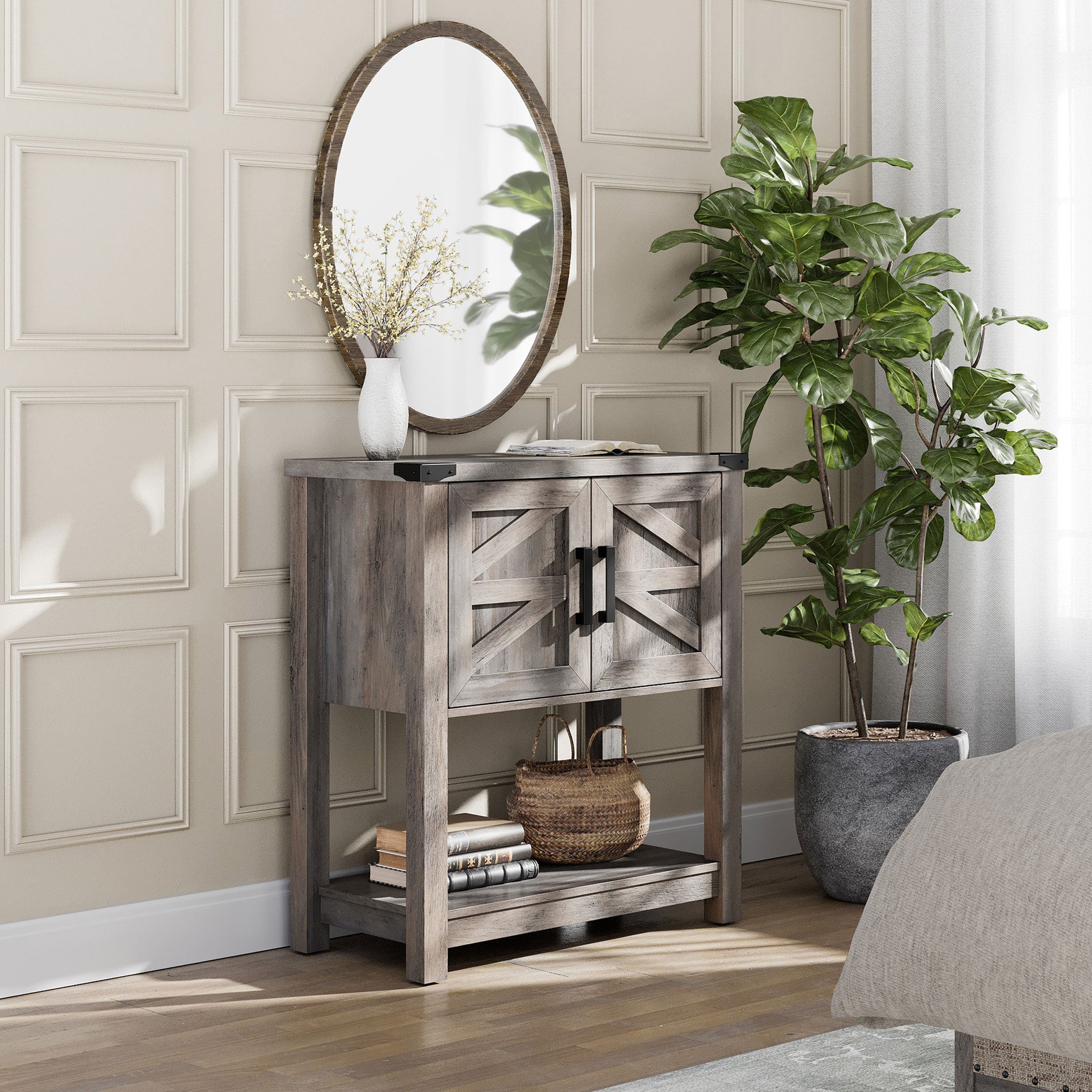 WAMPAT 16" Modern Farmhouse Buffet Cabinet, Wood Sideboard with Cabinet & Open Storage, Wash Grey