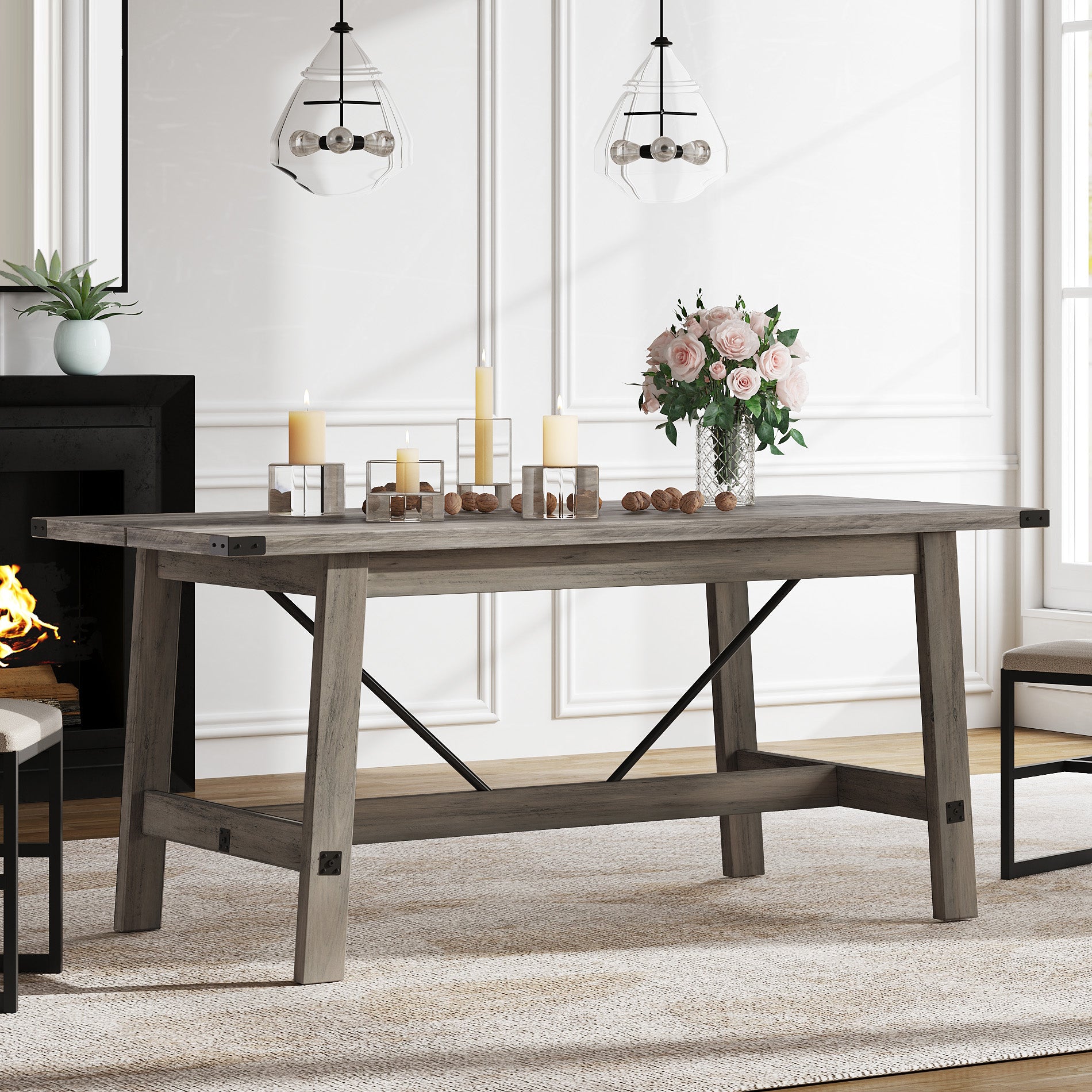WAMPAT 67.7" 6 Person Modern Wood Dining Room Table, Rustic Grey