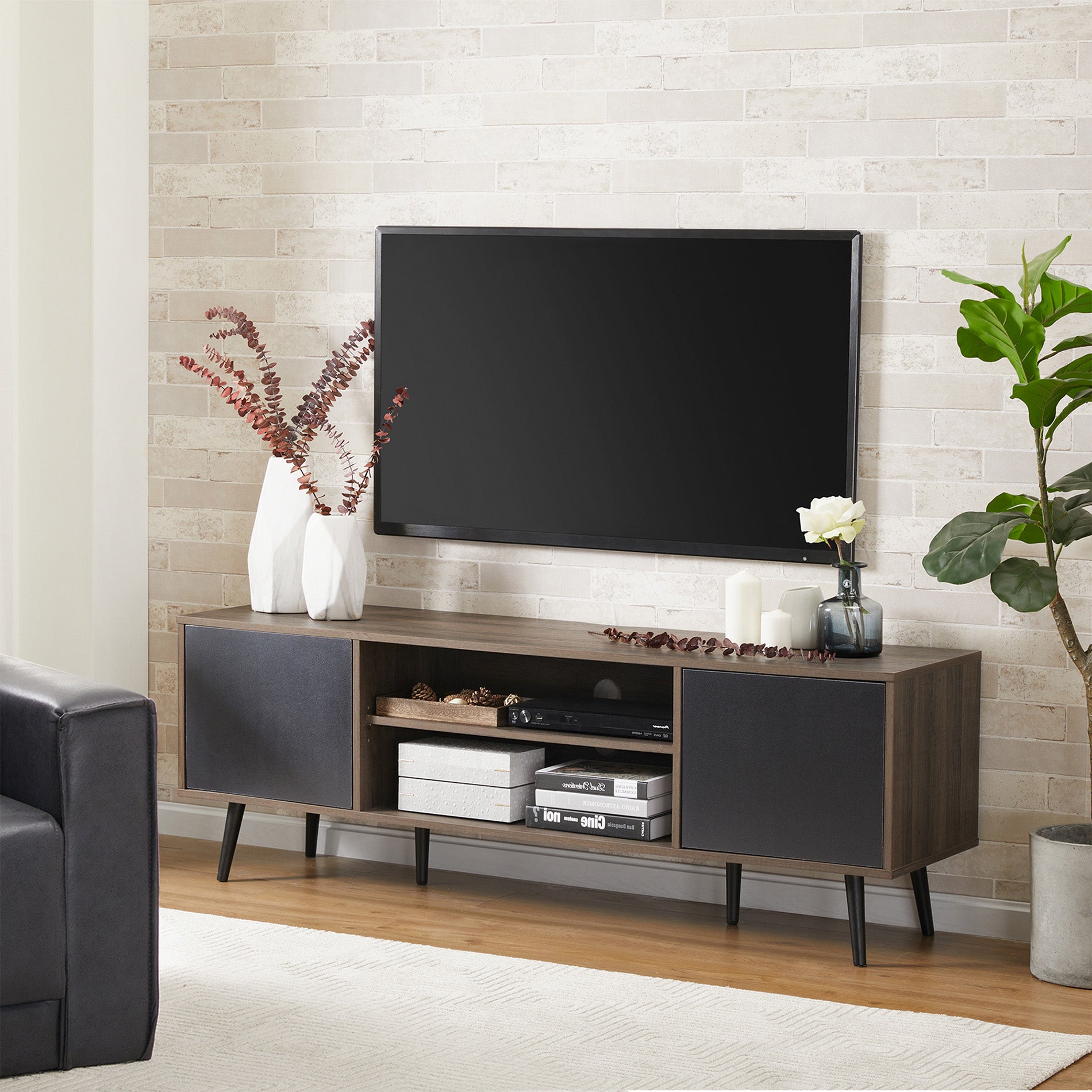 WAMPAT 60" Mid-Century Modern TV Stand for 32-65 Inch TV, Wood TV Console Media Cabinet with Yellow LED, Black