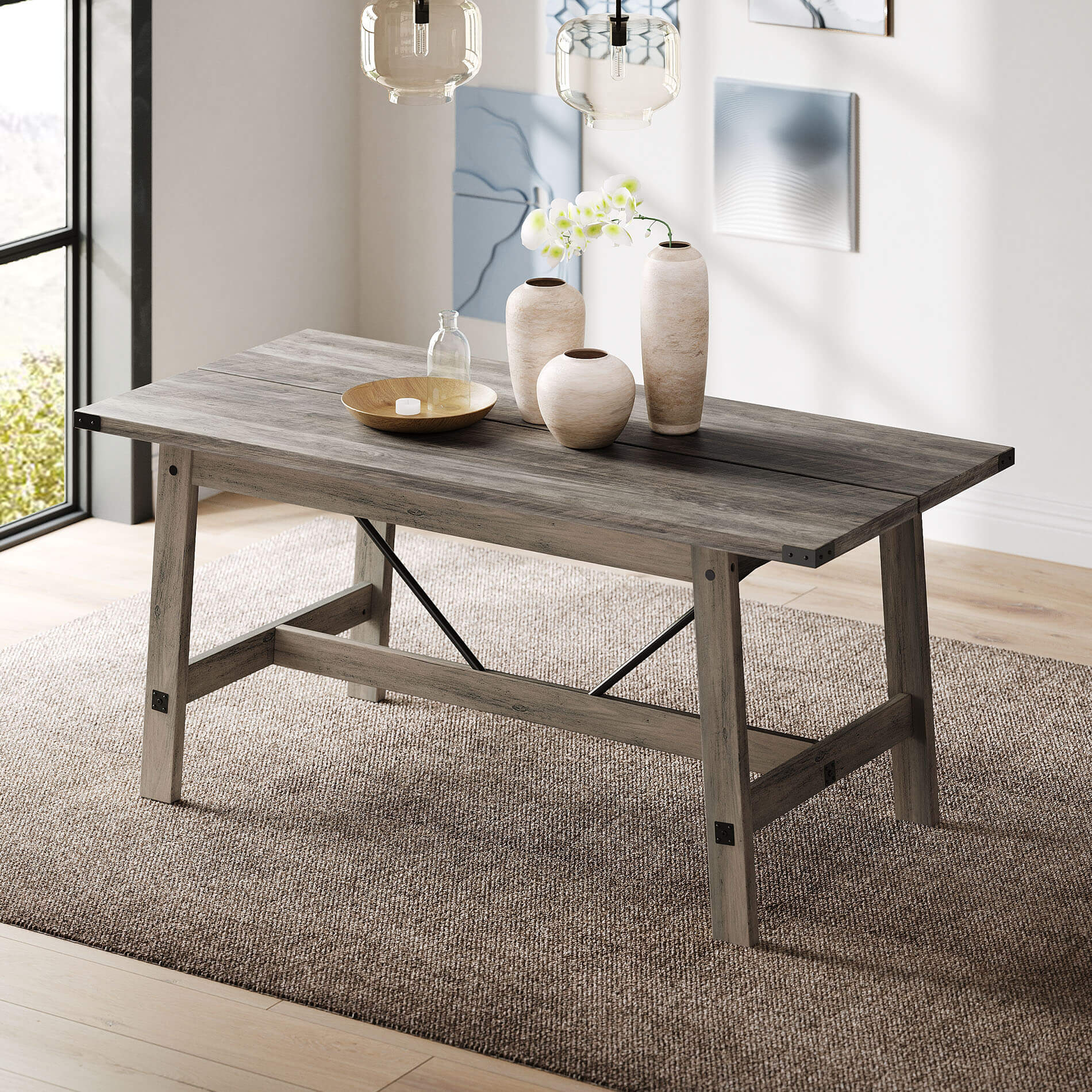 WAMPAT 67.7" Modern Wood Dining Room Table, Rustic Grey