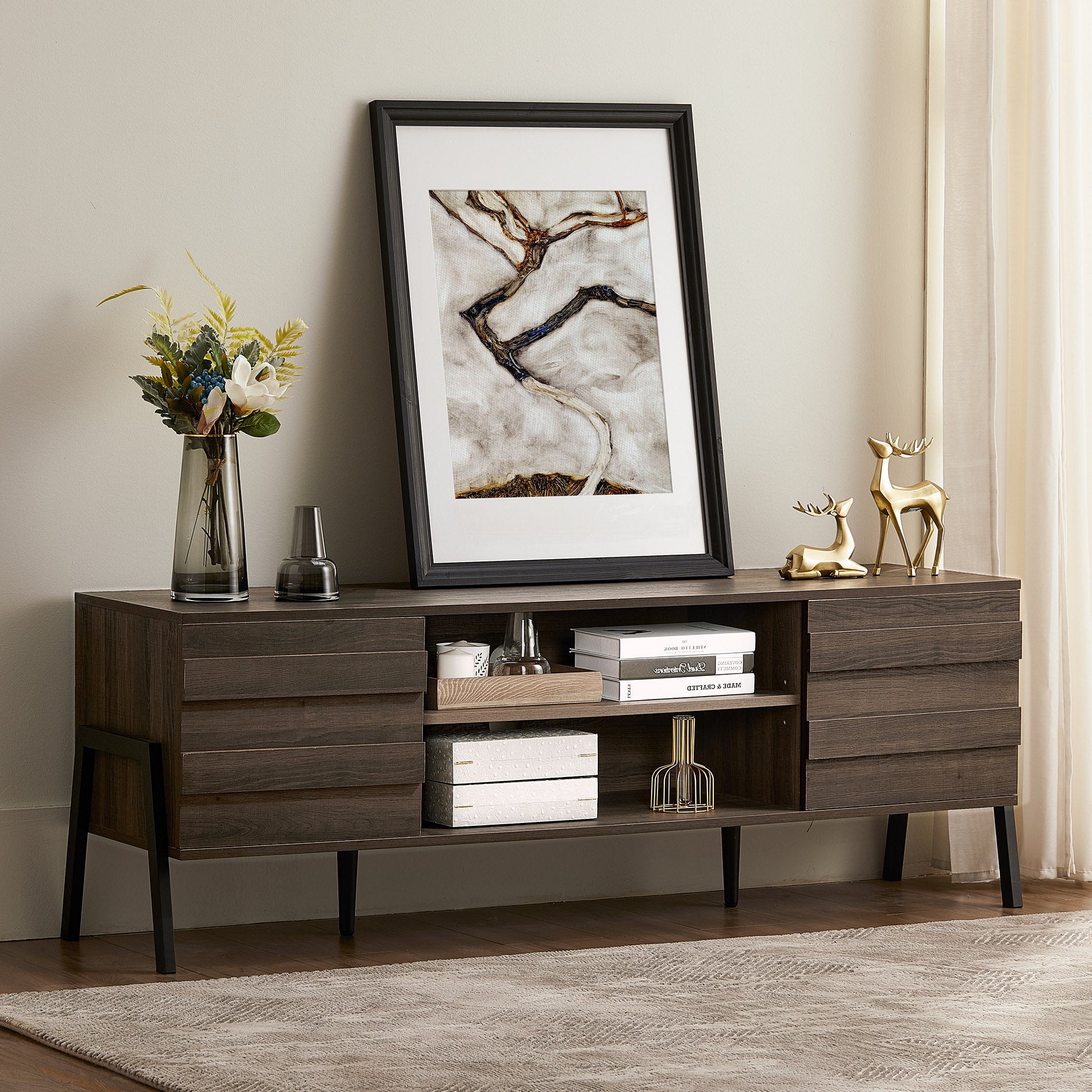 WAMPAT 60" Mid-Century Wooden TV Stand for 32-65 Inch TV, Solid Wood TV Console Cabinet for Living Room, Brown