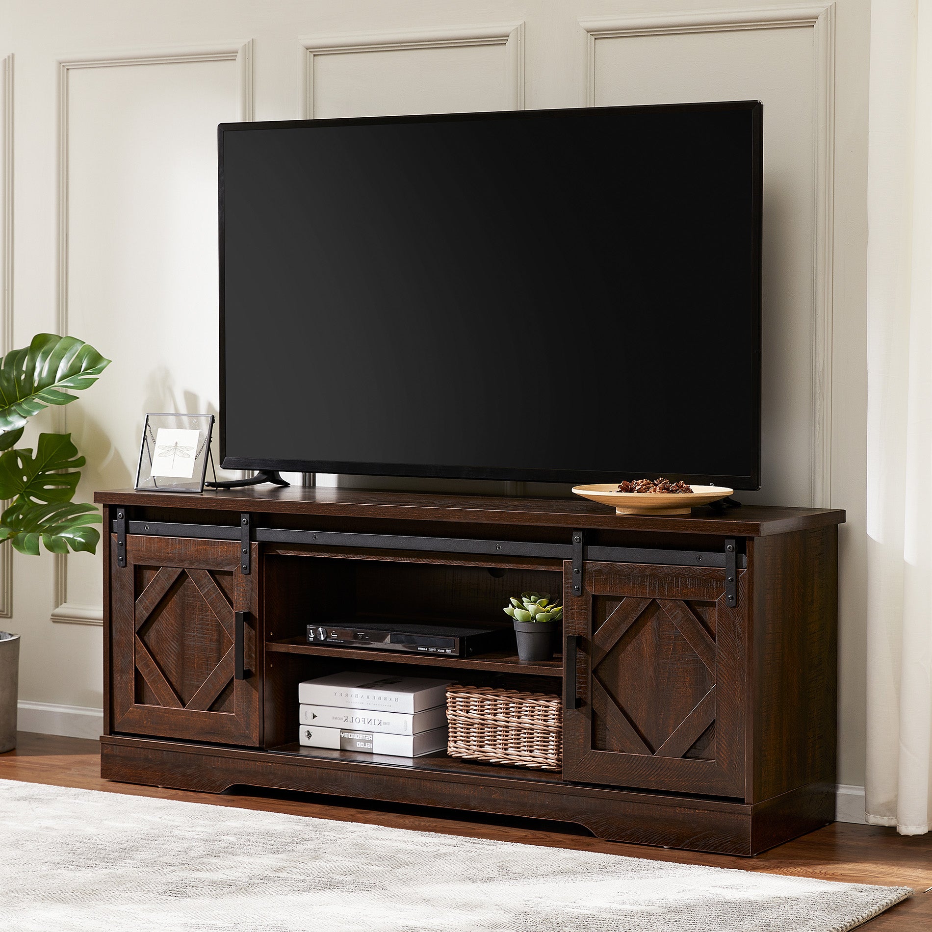 WAMPAT Farmhouse Sliding Barn Door TV Stand for 32-65 Inch TV & Accent Cabinet for Living Room, Rustic Brown
