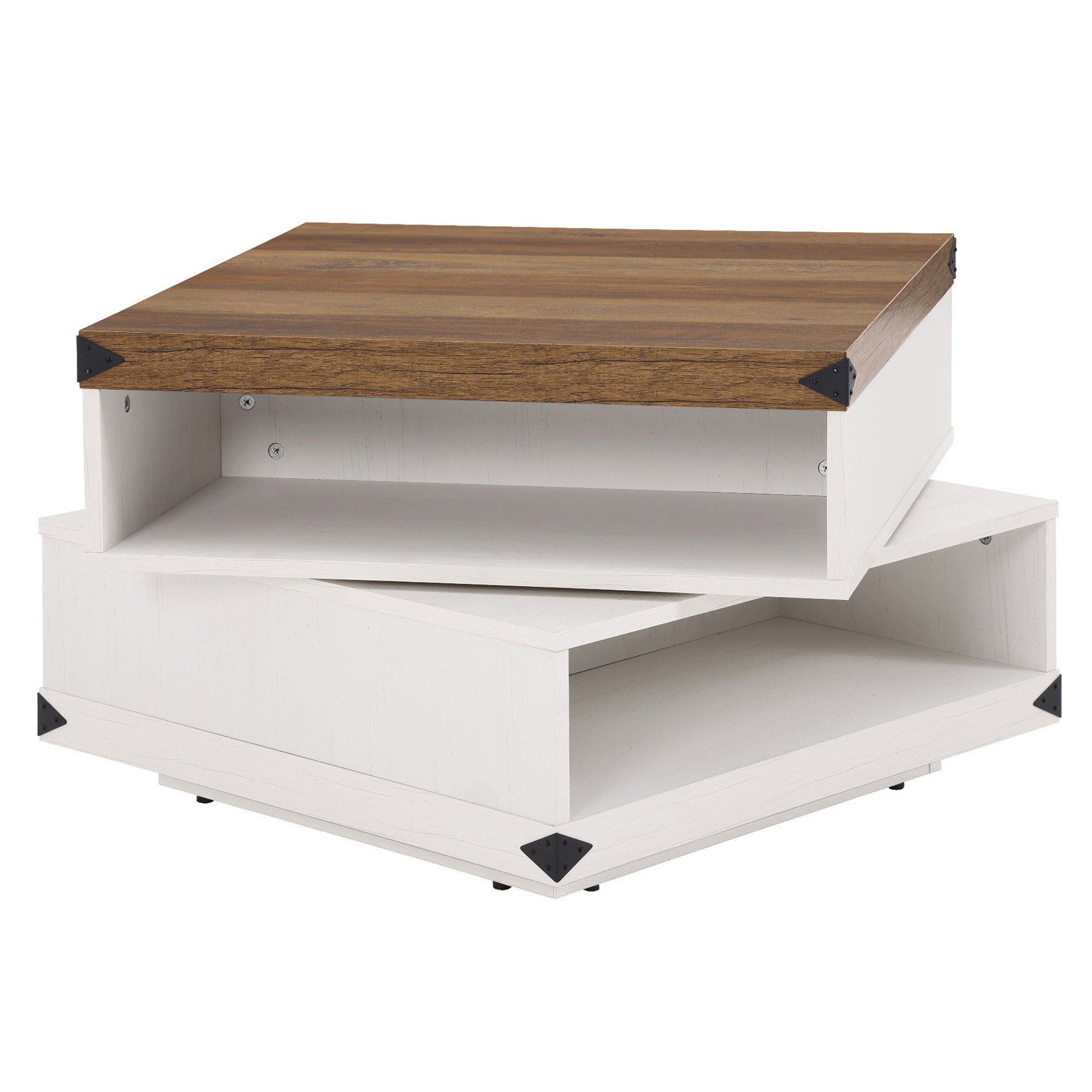 WAMPAT 25" Rotating Coffee Table, 2-Tier Square Wood Accent Tea Center Table with Rotatable Storage for Living Room, White Oak