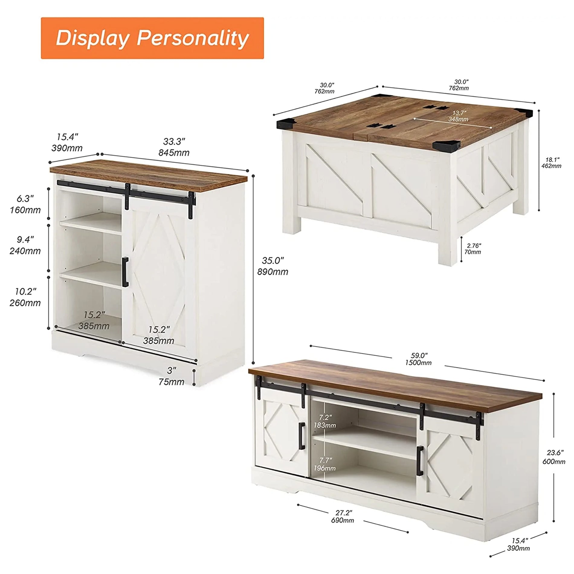 WAMPAT 60" Farmhouse Solid Wood TV Stand for 32-65 Inch TV, Sliding Barn Door Entertainment Center, White