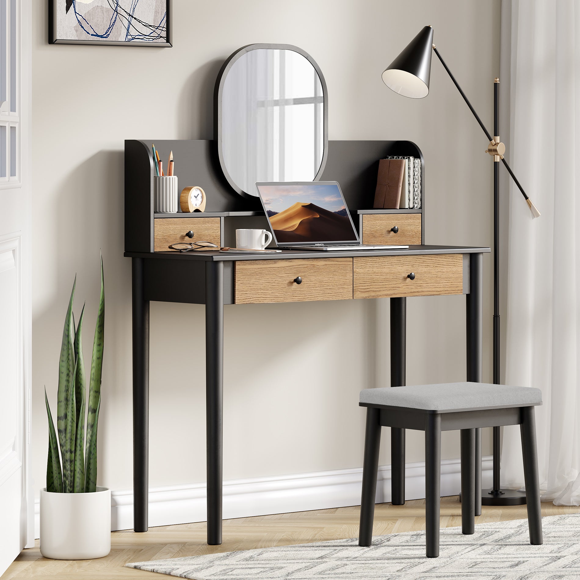 39" Makeup Vanity Table with Cushioned Stool Set Desktop Slot for Women Girls