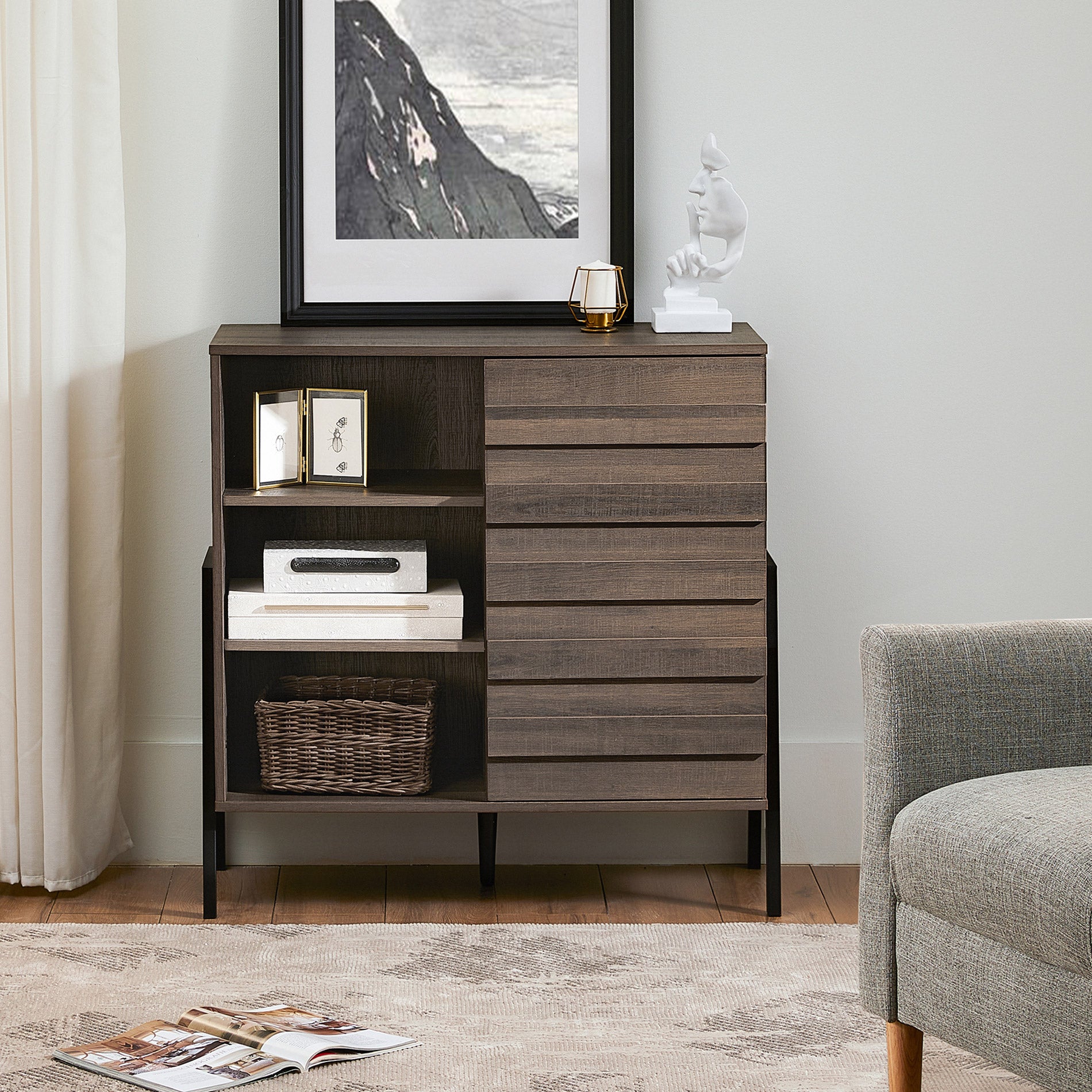 WAMPAT 35" Buffet Cabinet with Storage, Modern Kitchen Storage Cabinet Industrial Farmhouse Coffee Bar Table, Brown