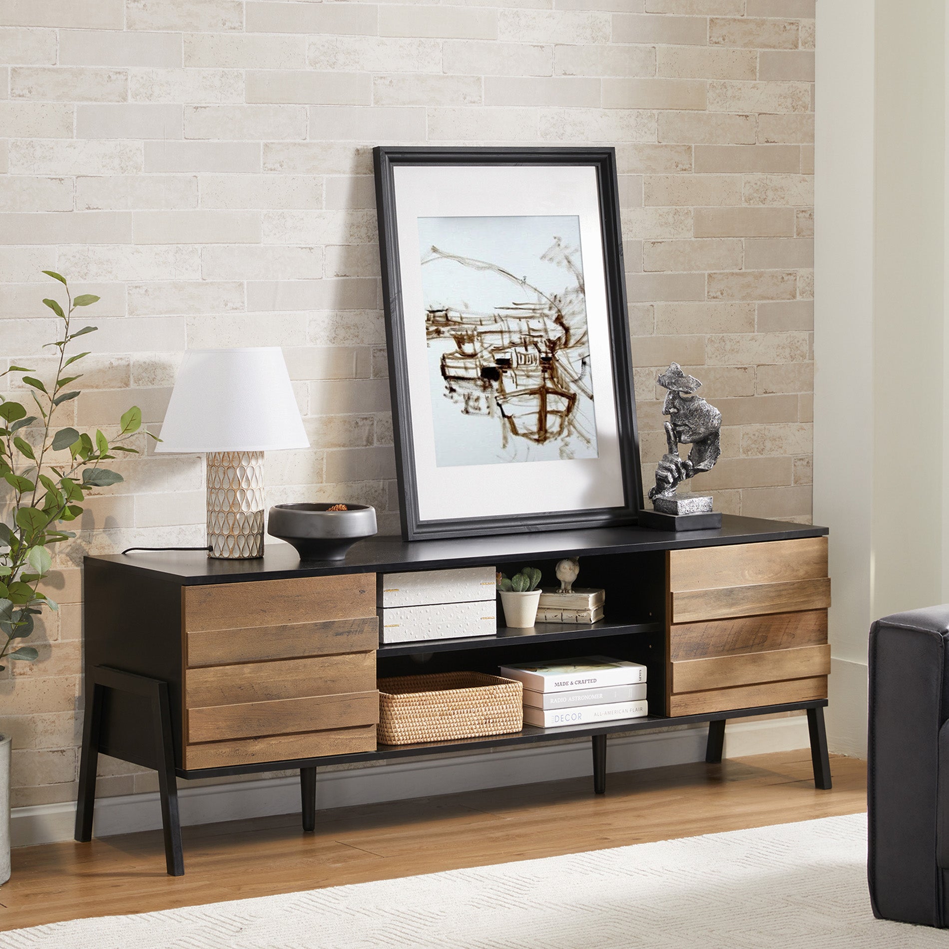 WAMPAT 60" Mid-Century Modern TV Stand for 32-65 Inch TV, Home Entertainment Center TV Cabinet Unit, Black & Oak