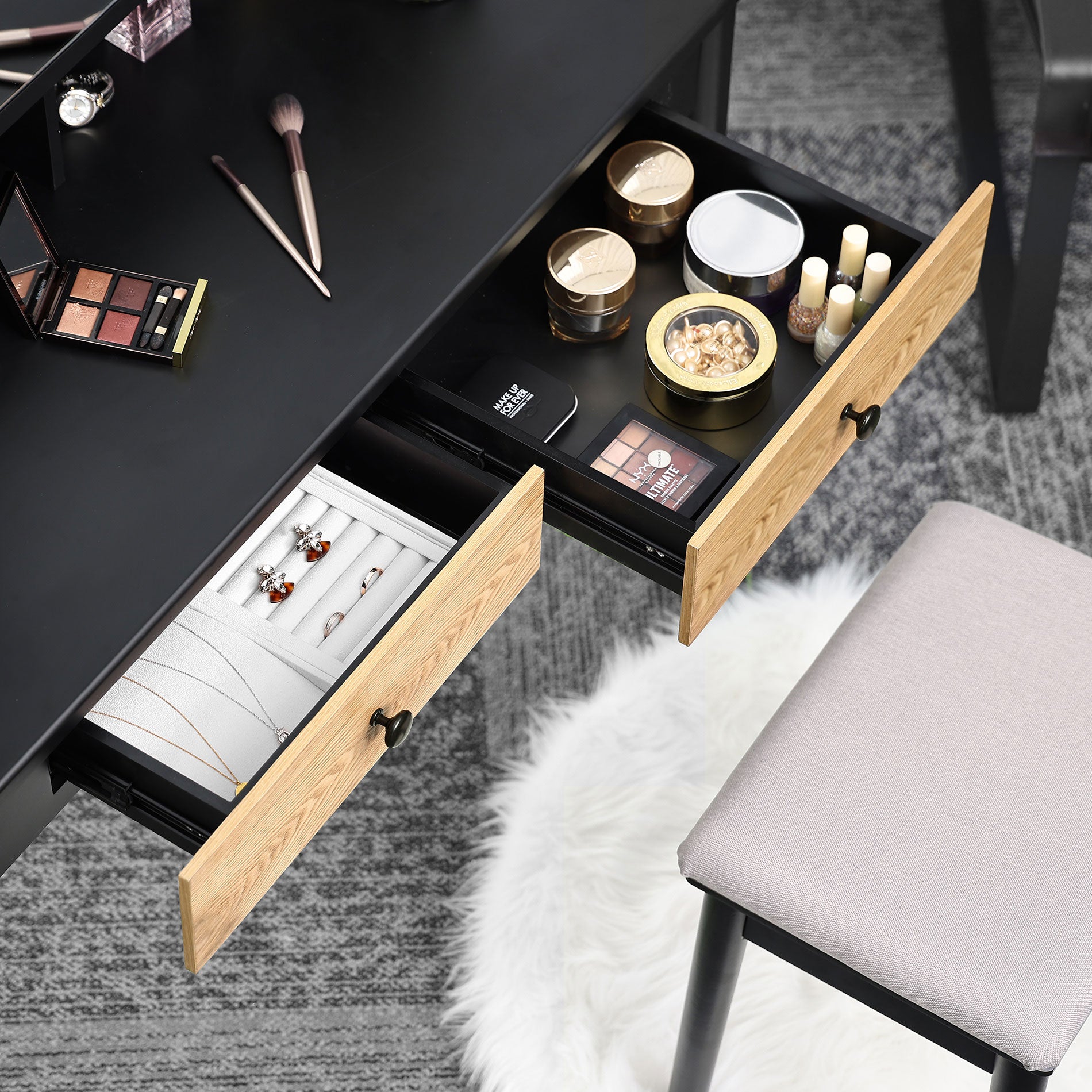 WAMPAT 40" Makeup Vanity Set with Sliding Mirror & Padded Stool for Women Teenage Girls, Black