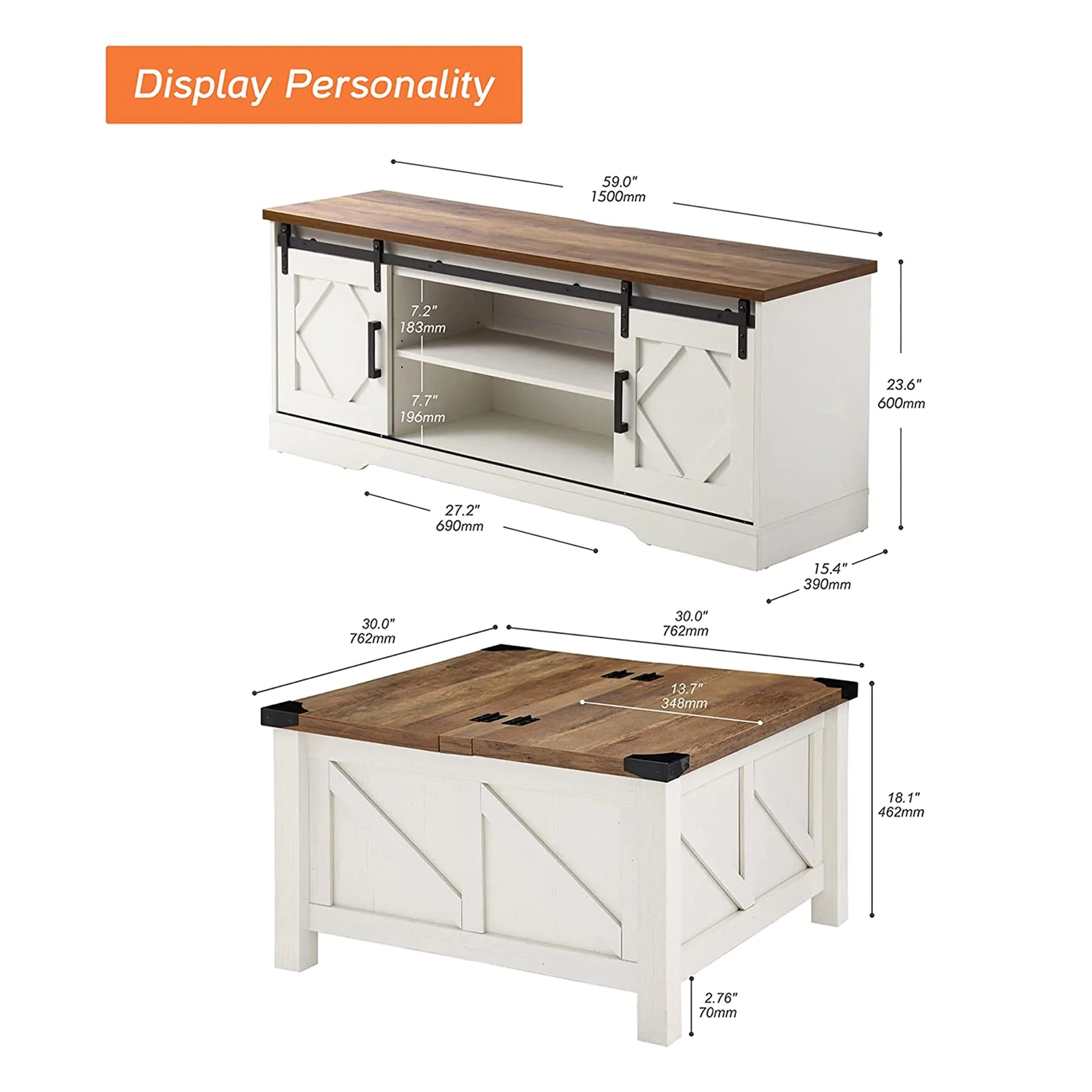 WAMPAT 60" Farmhouse Solid Wood TV Stand for 32-65 Inch TV, Sliding Barn Door Entertainment Center, White