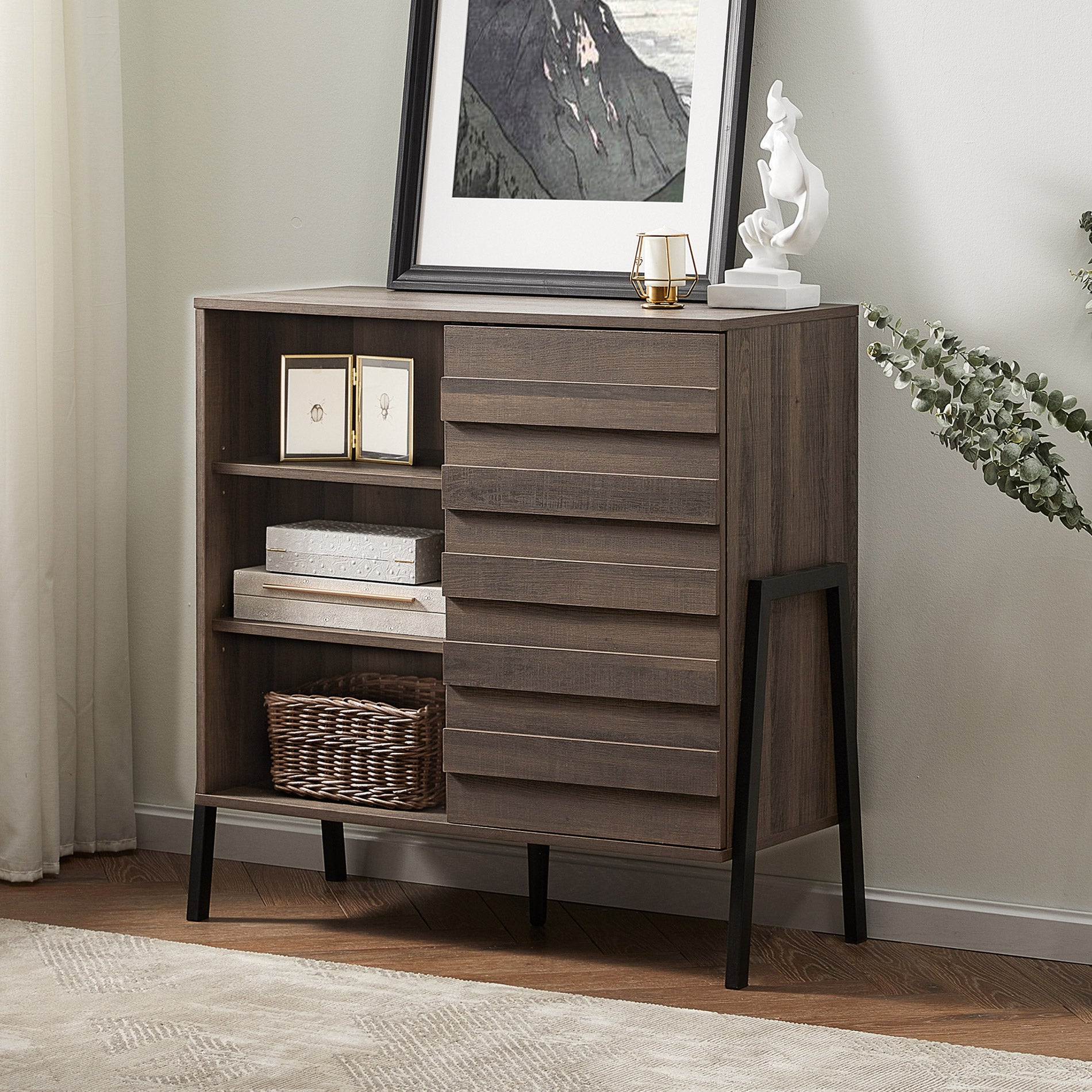 WAMPAT 35" Buffet Cabinet with Storage, Modern Kitchen Storage Cabinet Industrial Farmhouse Coffee Bar Table, Brown