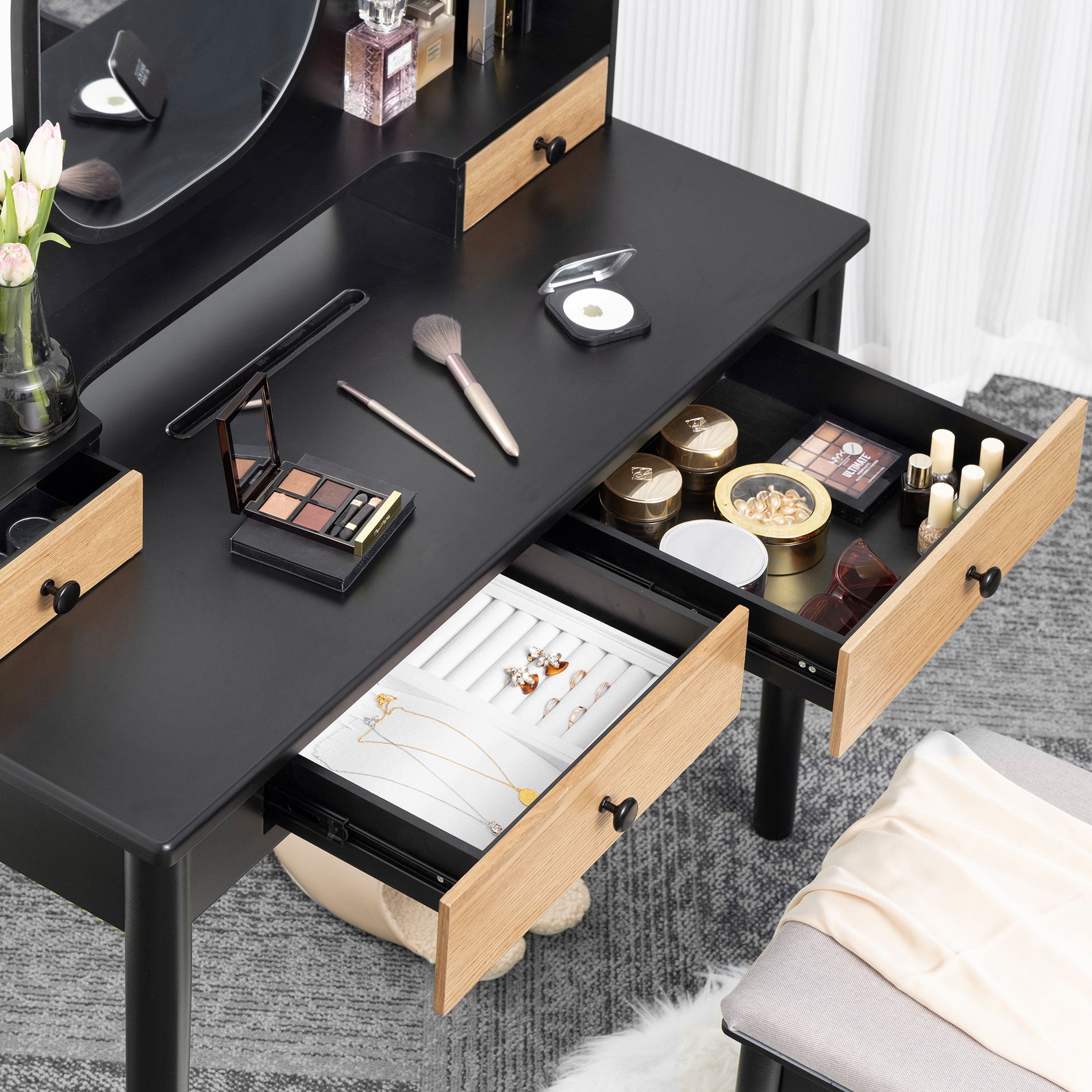 39" Makeup Vanity Table with Cushioned Stool Set Desktop Slot for Women Girls