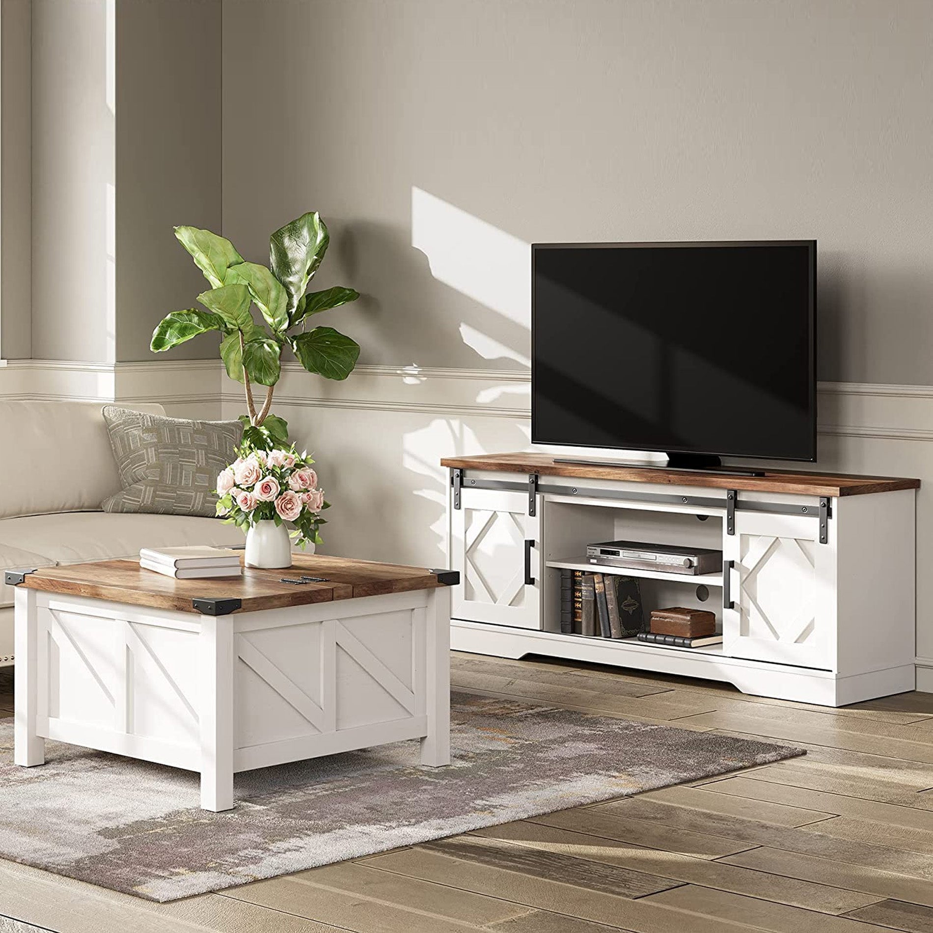 WAMPAT 60" Farmhouse Solid Wood TV Stand for 32-65 Inch TV, Sliding Barn Door Entertainment Center, White
