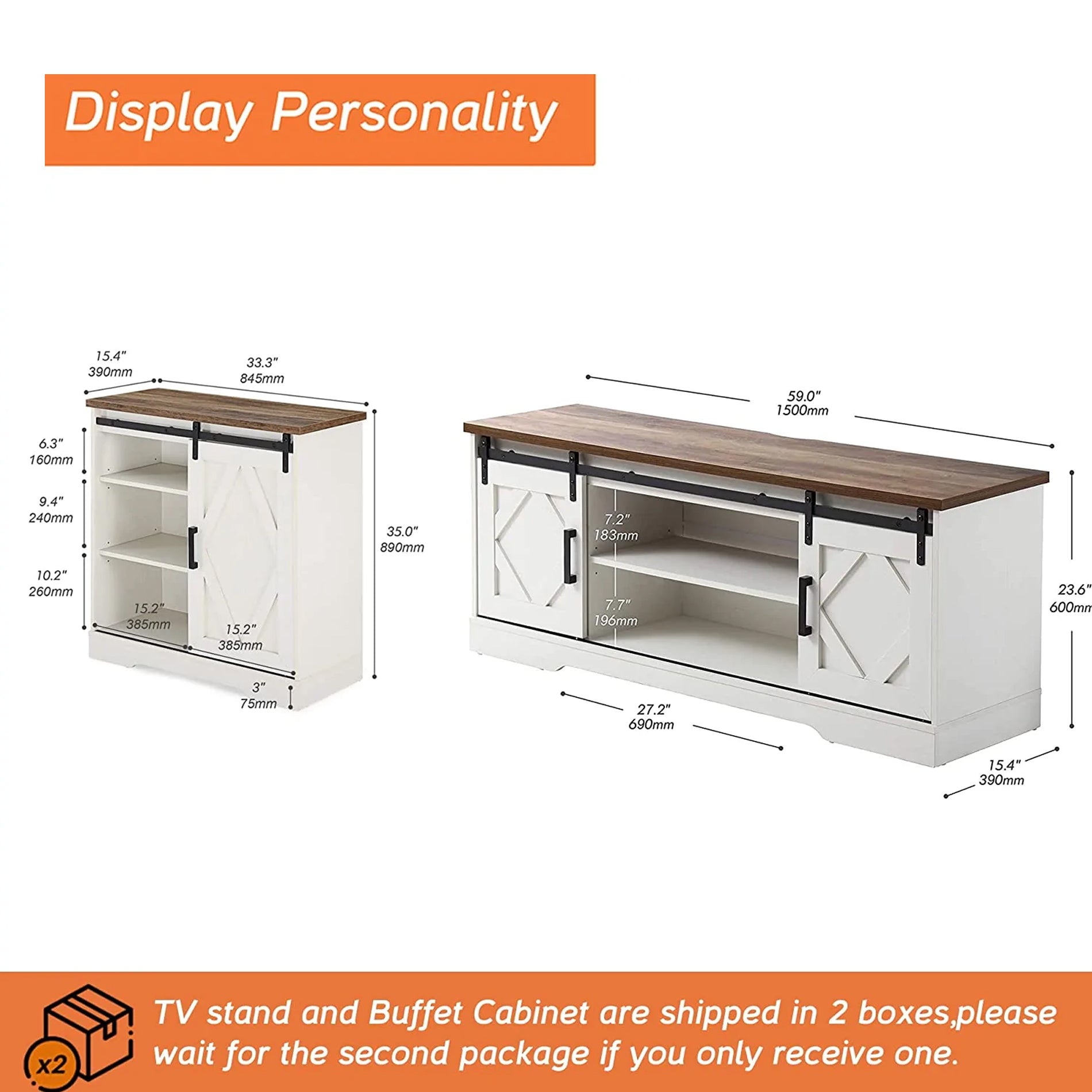 WAMPAT 60" Farmhouse Solid Wood TV Stand for 32-65 Inch TV, Sliding Barn Door Entertainment Center, White