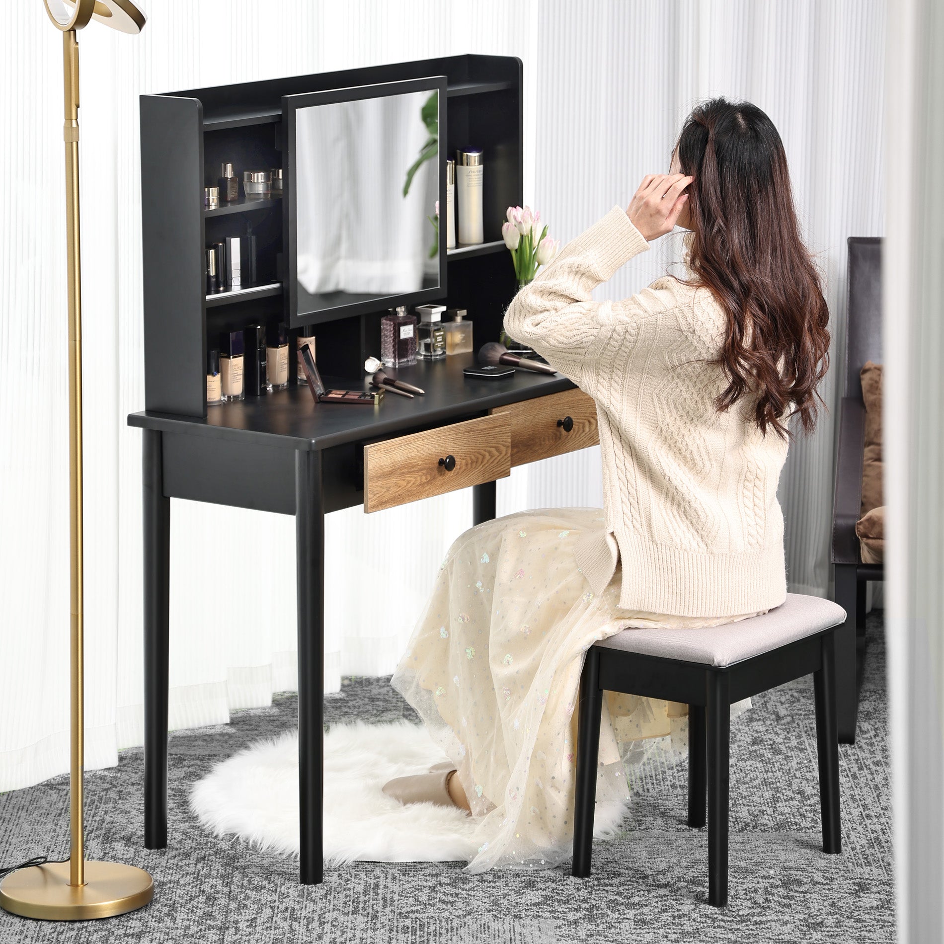 WAMPAT 40" Makeup Vanity Set with Sliding Mirror & Padded Stool for Women Teenage Girls, Black