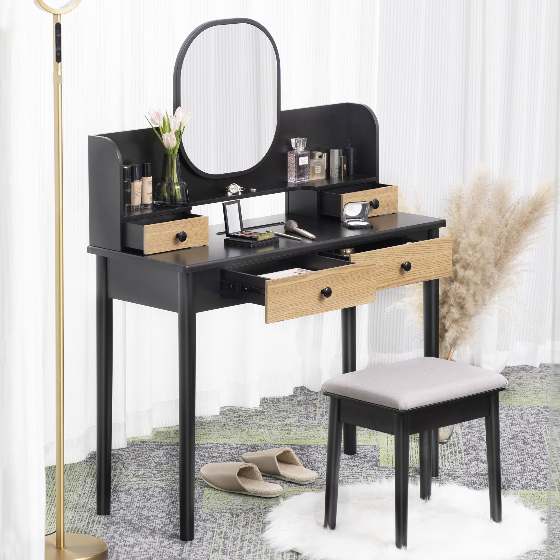 39" Makeup Vanity Table with Cushioned Stool Set Desktop Slot for Women Girls