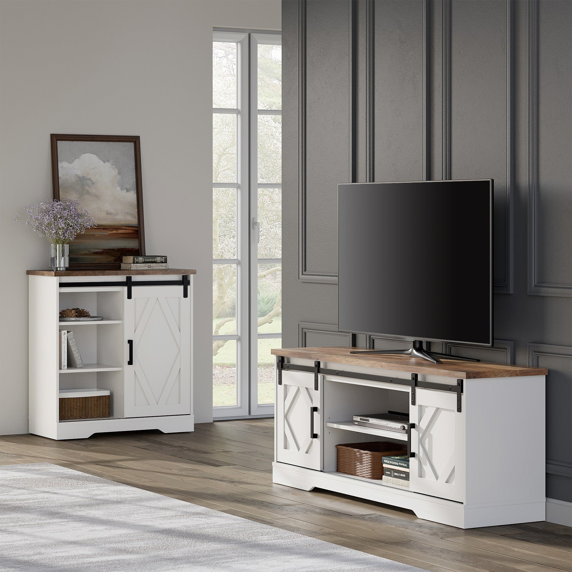 WAMPAT 60" Farmhouse Solid Wood TV Stand for 32-65 Inch TV, Sliding Barn Door Entertainment Center, White