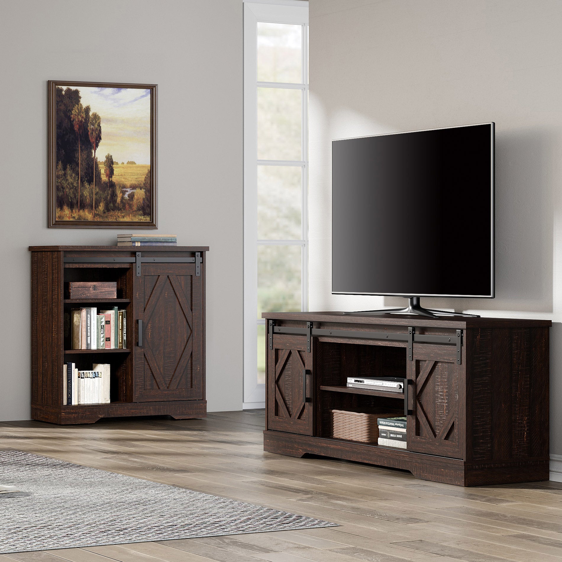WAMPAT Farmhouse Sliding Barn Door TV Stand for 32-65 Inch TV & Accent Cabinet for Living Room, Rustic Brown