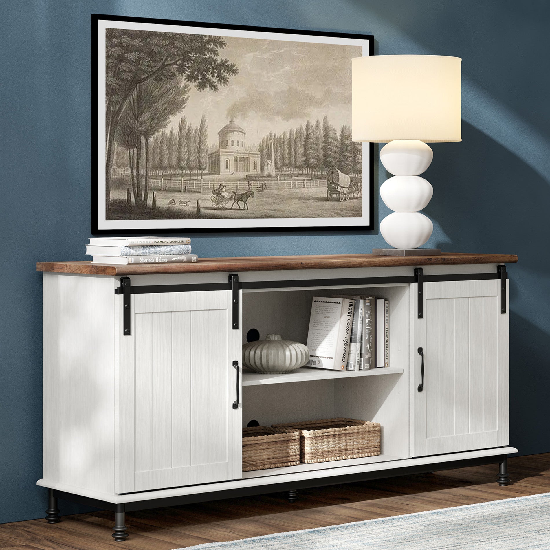 WAMPAT 58" Farmhouse TV Stand for 32-65 Inch TV, Sliding Barn Door Wood Media Entertainment Center, White