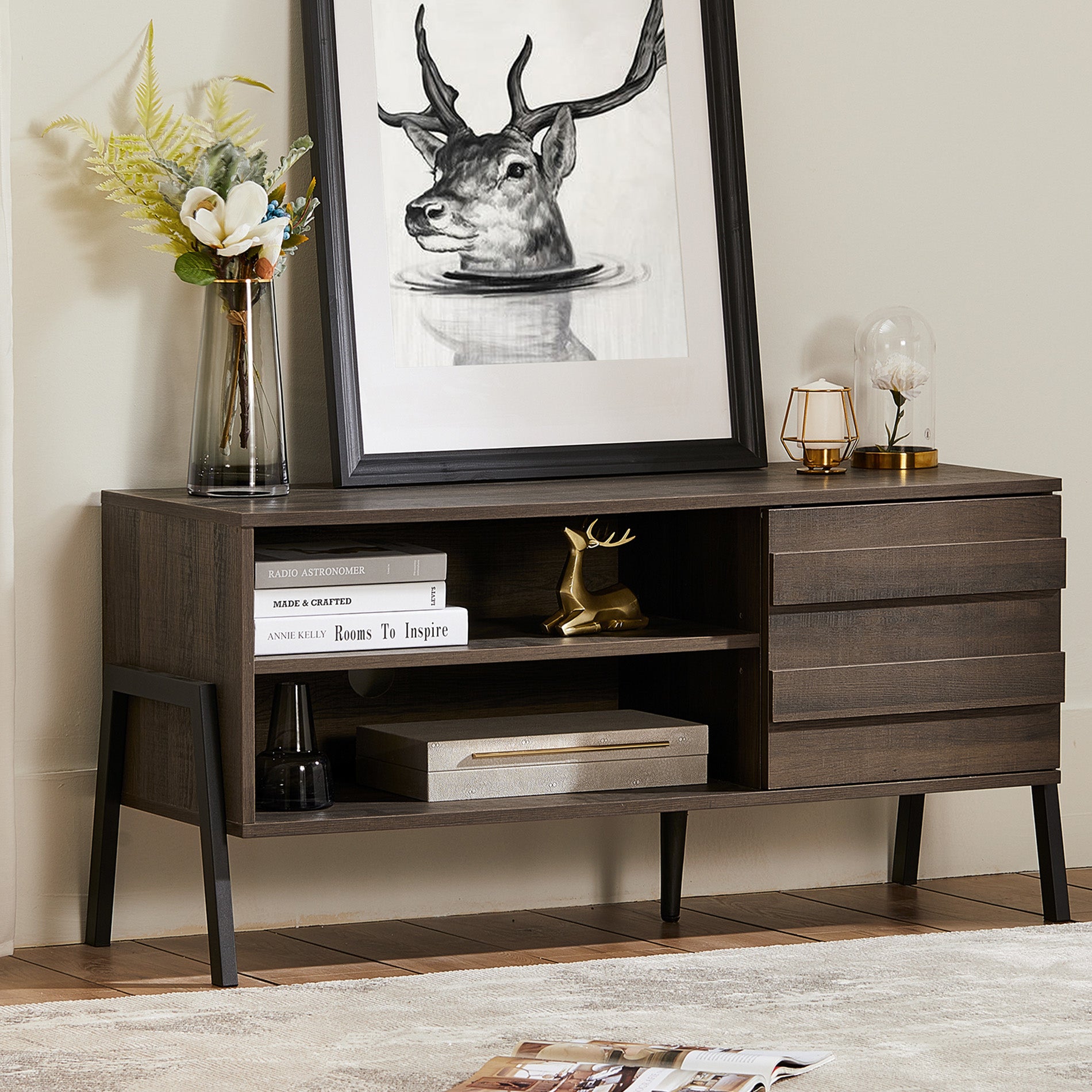 WAMPAT 43" Mid-Century Modern Wooden TV Stand for 32-50 Inch TV, Light Brown