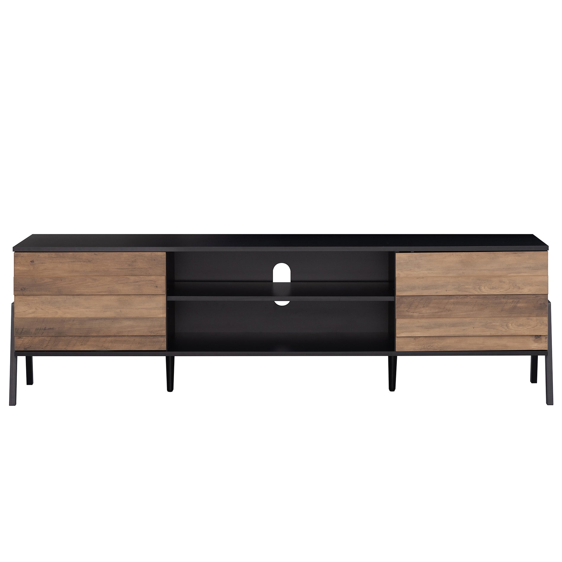 WAMPAT 70" Mid-Century Modern TV Stand for 32-65 Inch TV, Home Entertainment Center TV Cabinet Unit, Black & Oak